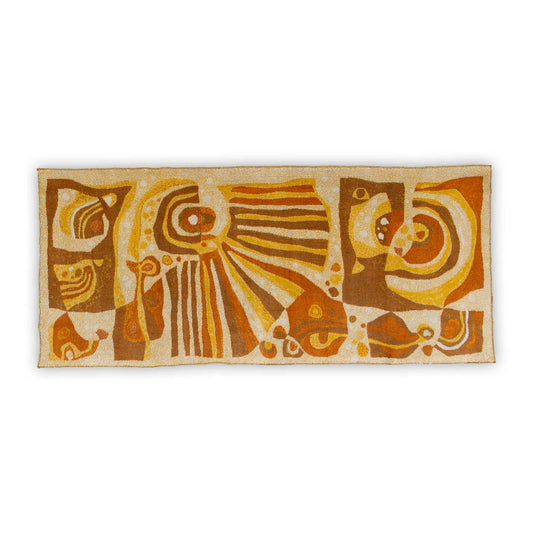 1960s mid century modern wall tapestry on a clear white background, 60s home decor, vintage tapestry with abstract design in yellow, orange, brown and beige colors