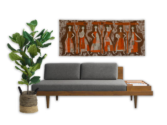 large mid century modern wall art, 1960s vintage tapestry displayed above a sofa