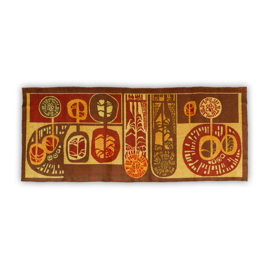 Authentic 1960s vintage tapestry in rich red, orange, yellow, and brown abstract Mid-Century Modern design; full flat lay view of collectible MCM wall art