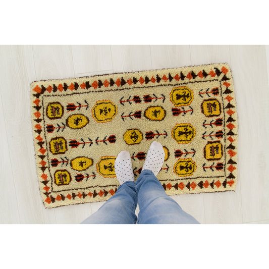 mid century rya rug with tribal design, 1960s handmade rug, scattered with repeating floral and animal pattern