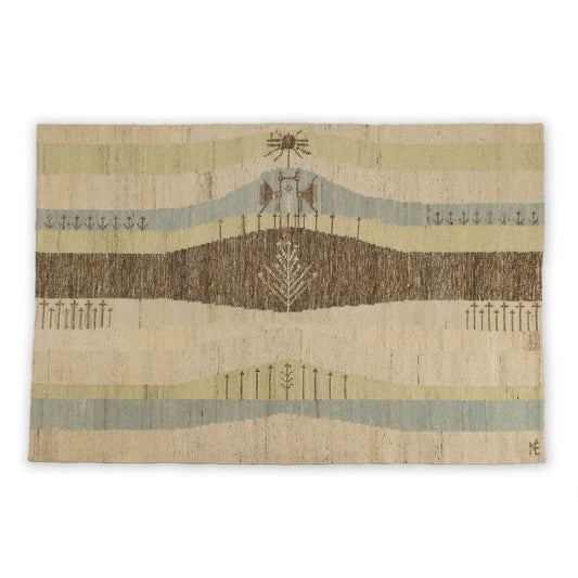 Full horizontal view of an extra-large Eva Nemeth vintage tapestry isolated on a white background. A modern organic scandinavian rug from 1970s with soft pastel blue, green, and beige landscape motifs.