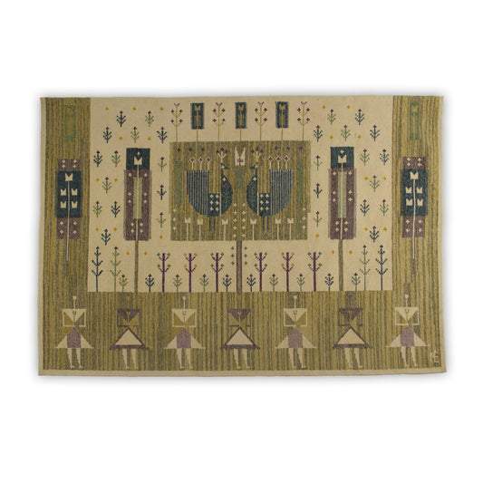 Extra large vintage handwoven wool tapestry designed by Eva Nemeth isolated on a white background, showing mid-century geometric folk art.