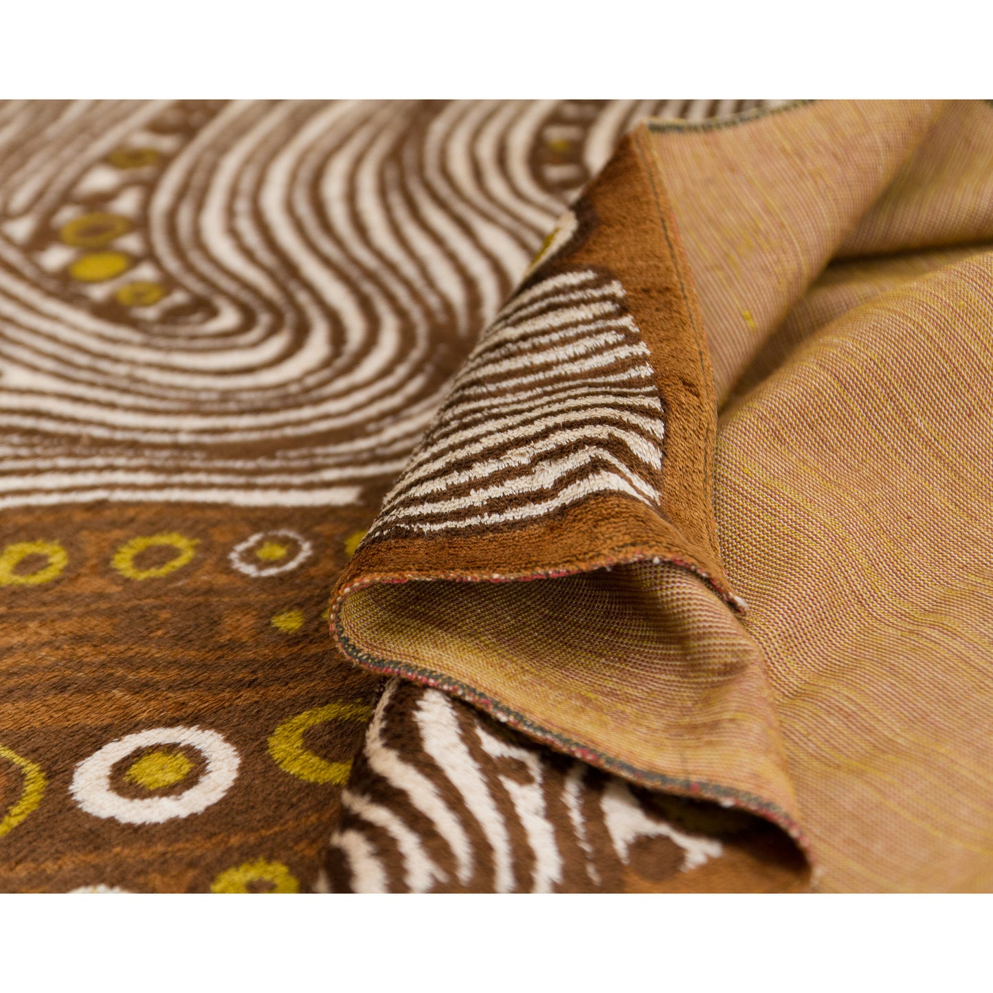 Macro focus on the immaculately finished binding edge of the 60s wall tapestry. Proving genuine authentic condition suitable for high-end collector showrooms and MCM homes.