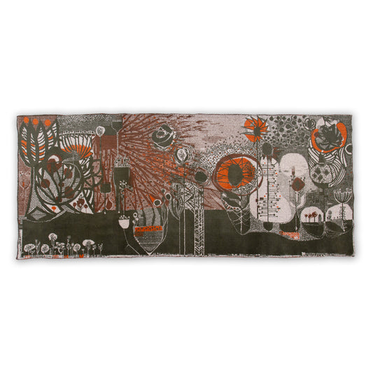 Full horizontal view of an authentic 1960s mid century modern tapestry. A fascinating abstract, organic-brutalist design by award-winning Hungarian designer László Pécsi on a dark olive and grey background.