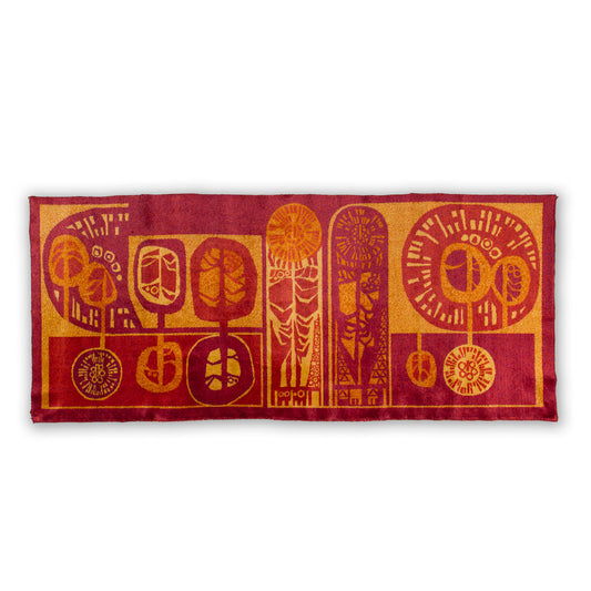 Flat view of a large rectangular vintage 1960s tapestry featuring abstract red and orange trees on a velvet-like fabric.