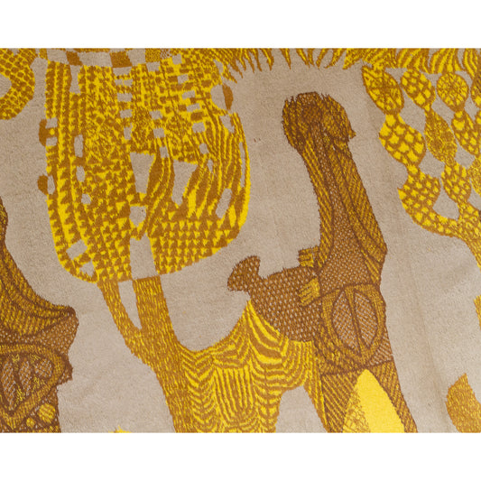 Macro view focusing into the beautifully precise fabric weaves. High-quality velvet-like moquette perfectly defining the intricate space-age meets folk-art graphics.