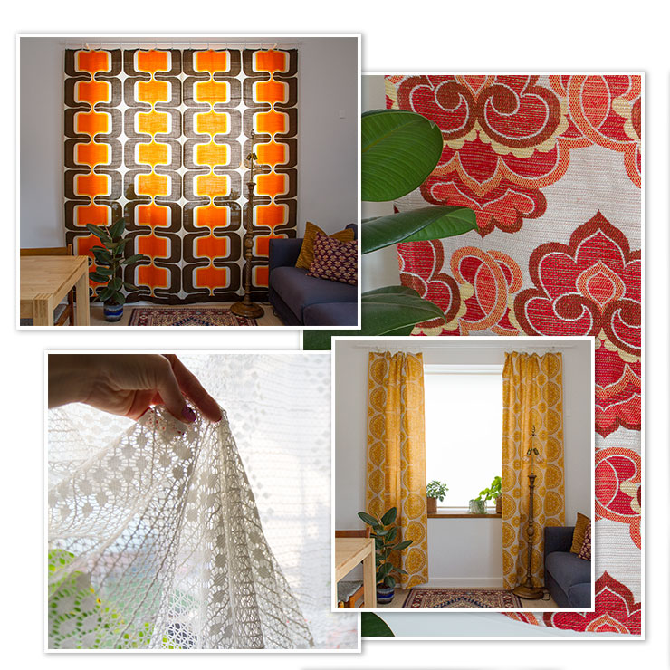 Collage of original 60s and 70s vintage curtains: orange and brown geometric drapes, mustard yellow jacquard, red floral and botanical prints, and white crochet lace curtain