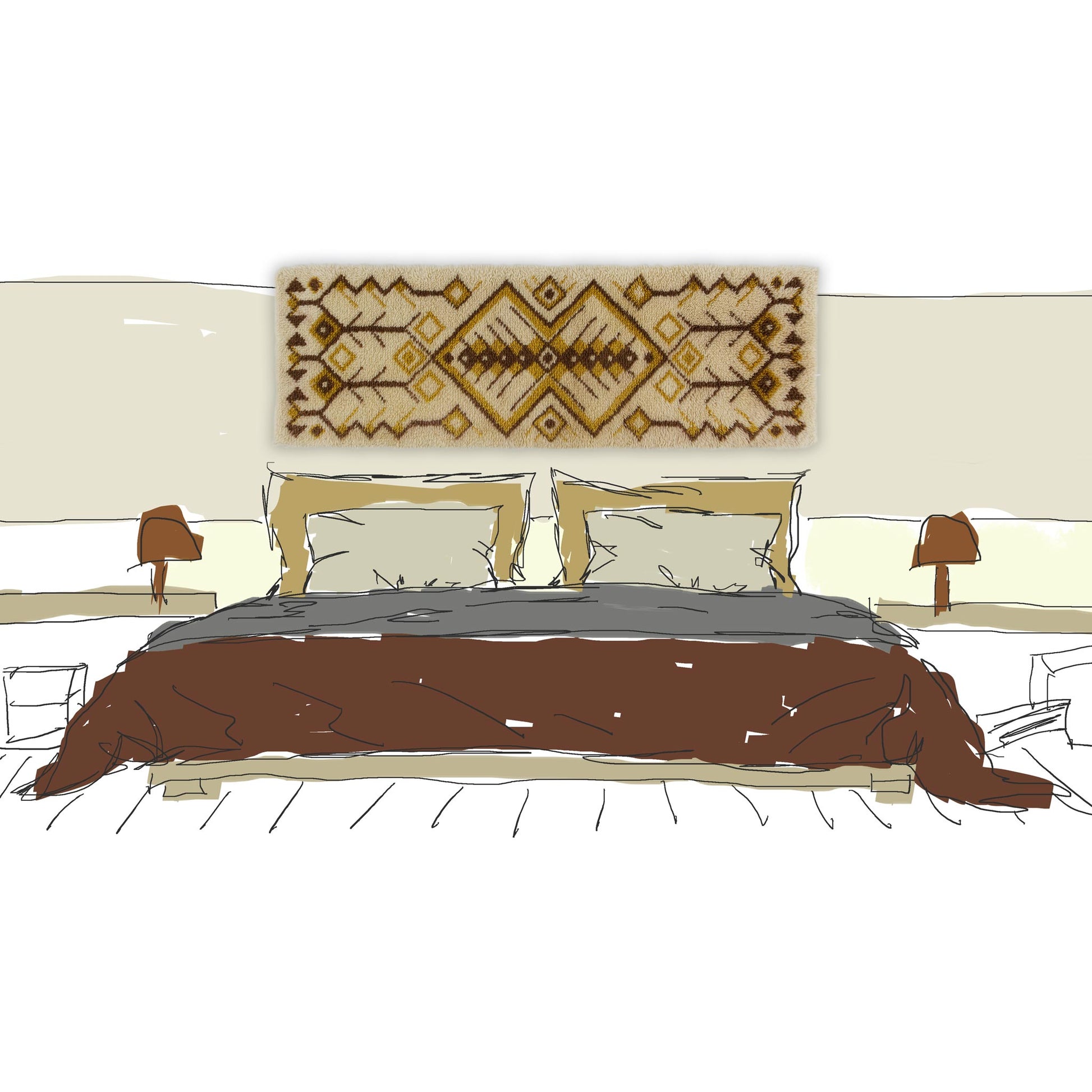 A large vintage mid-century wool shag tapestry with brown and beige geometric designs styling a beautiful bedroom as a heavy textural wall-mounted headboard.