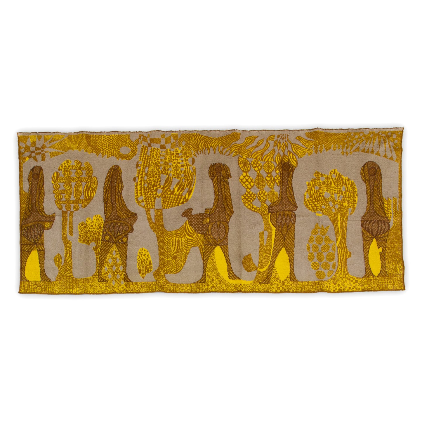Full horizontal flat lay of the vintage 1960s wall tapestry. Showcasing stylized abstract humans wandering through an earthy mid century botanical forest.