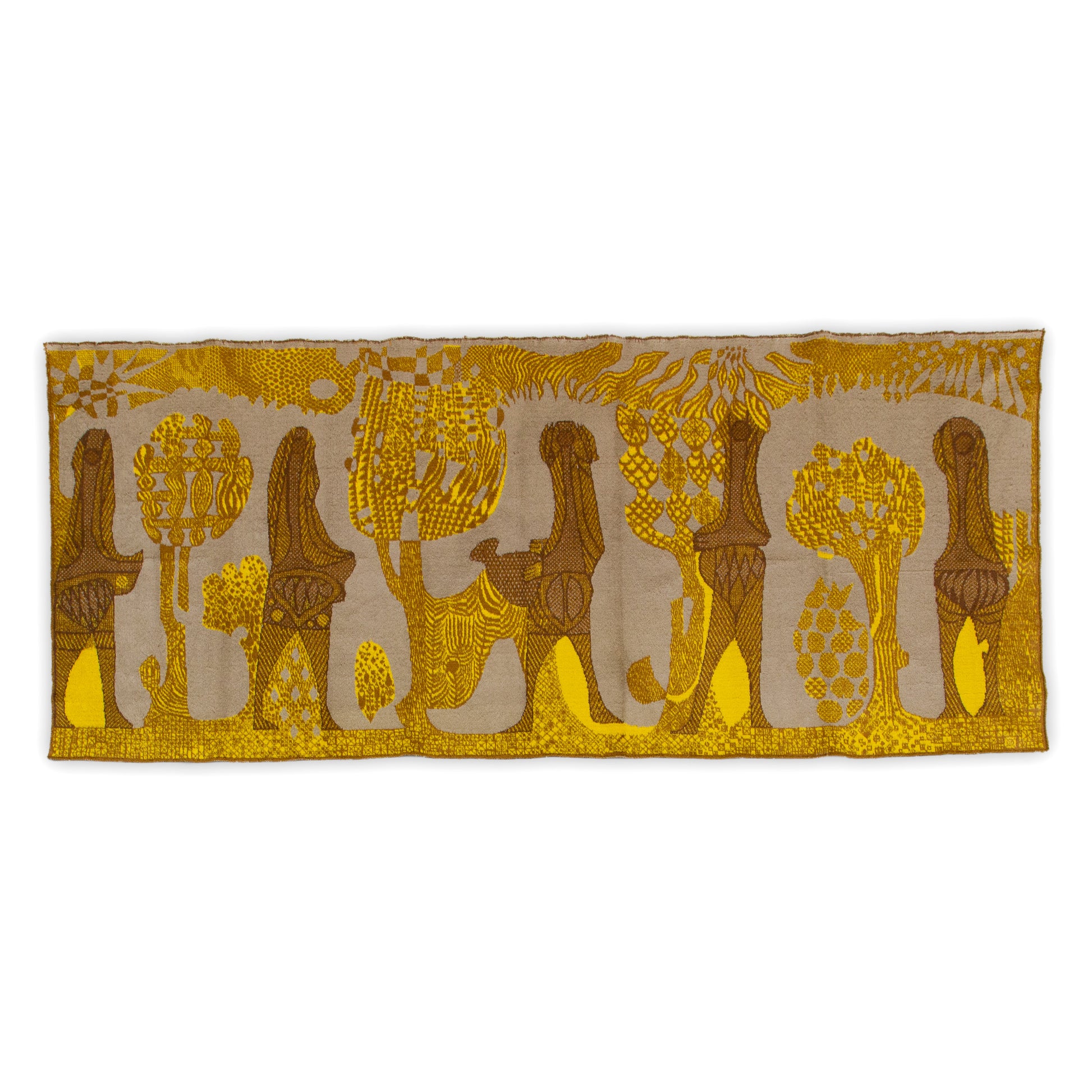 Full horizontal flat lay of the vintage 1960s wall tapestry. Showcasing stylized abstract humans wandering through an earthy mid century botanical forest.