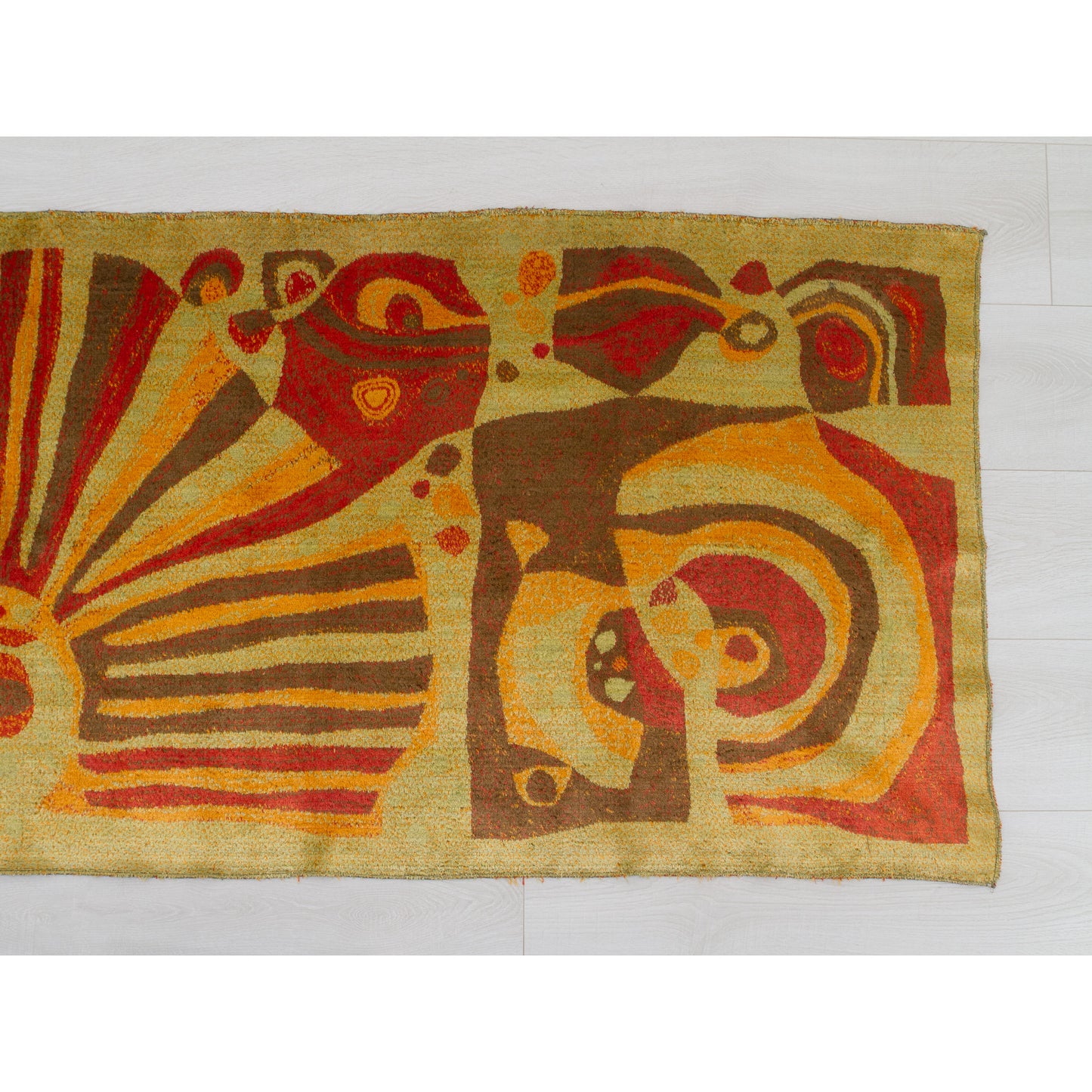 Detail of the right section of the vintage tapestry. Depicts abstract organic forms in rust orange and brown, characteristic of mid-century modern textile design.