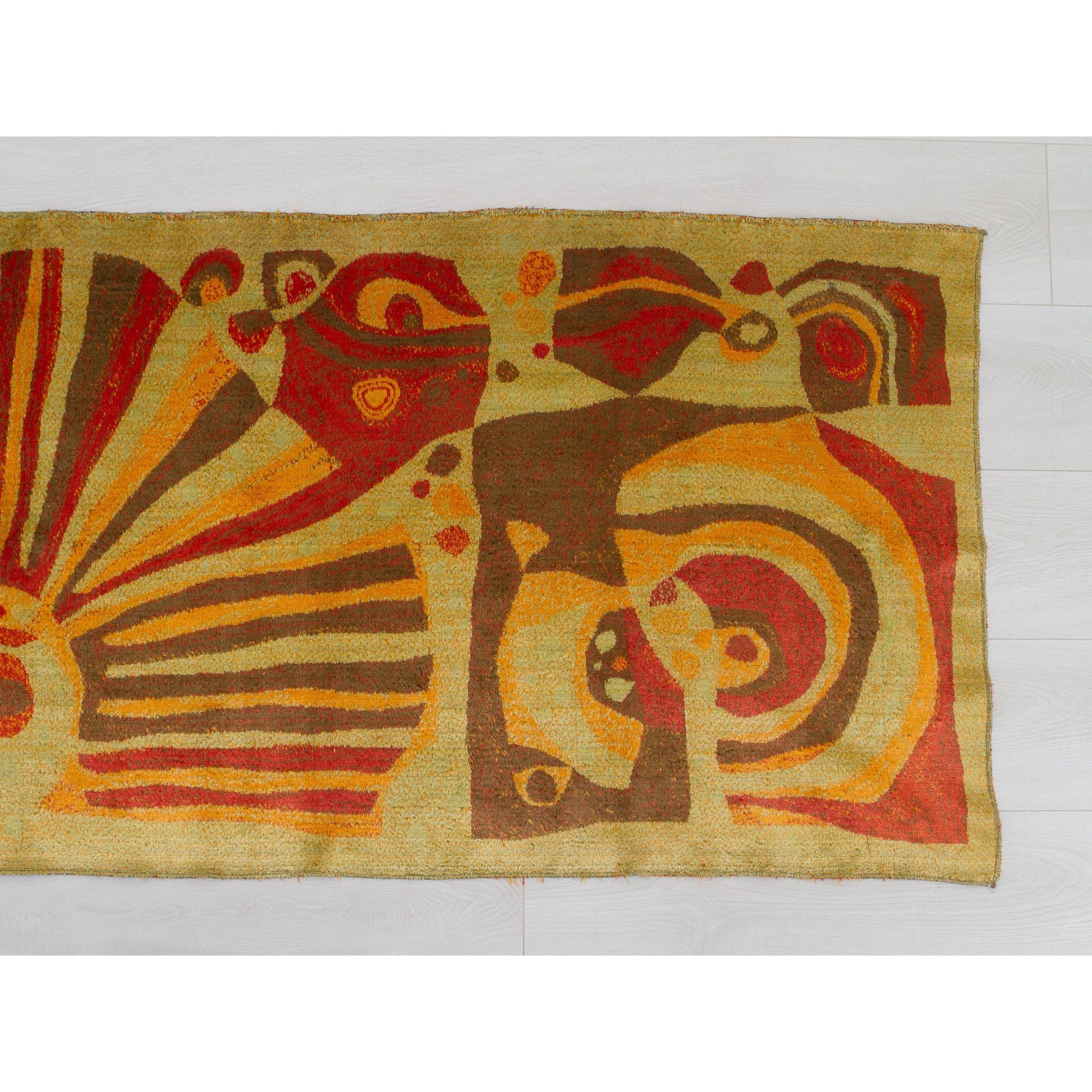 Detail of the right section of the vintage tapestry. Depicts abstract organic forms in rust orange and brown, characteristic of mid-century modern textile design.