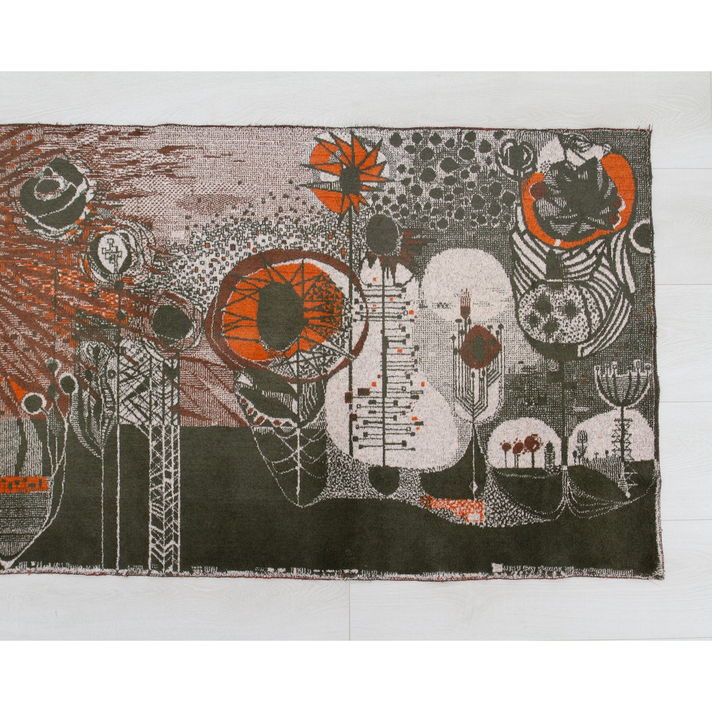 Right side detail of the retro 60s wall tapestry. Shows immaculate preservation of the short pile velvet-like fabric, displaying complex abstract organic and geometric forms.