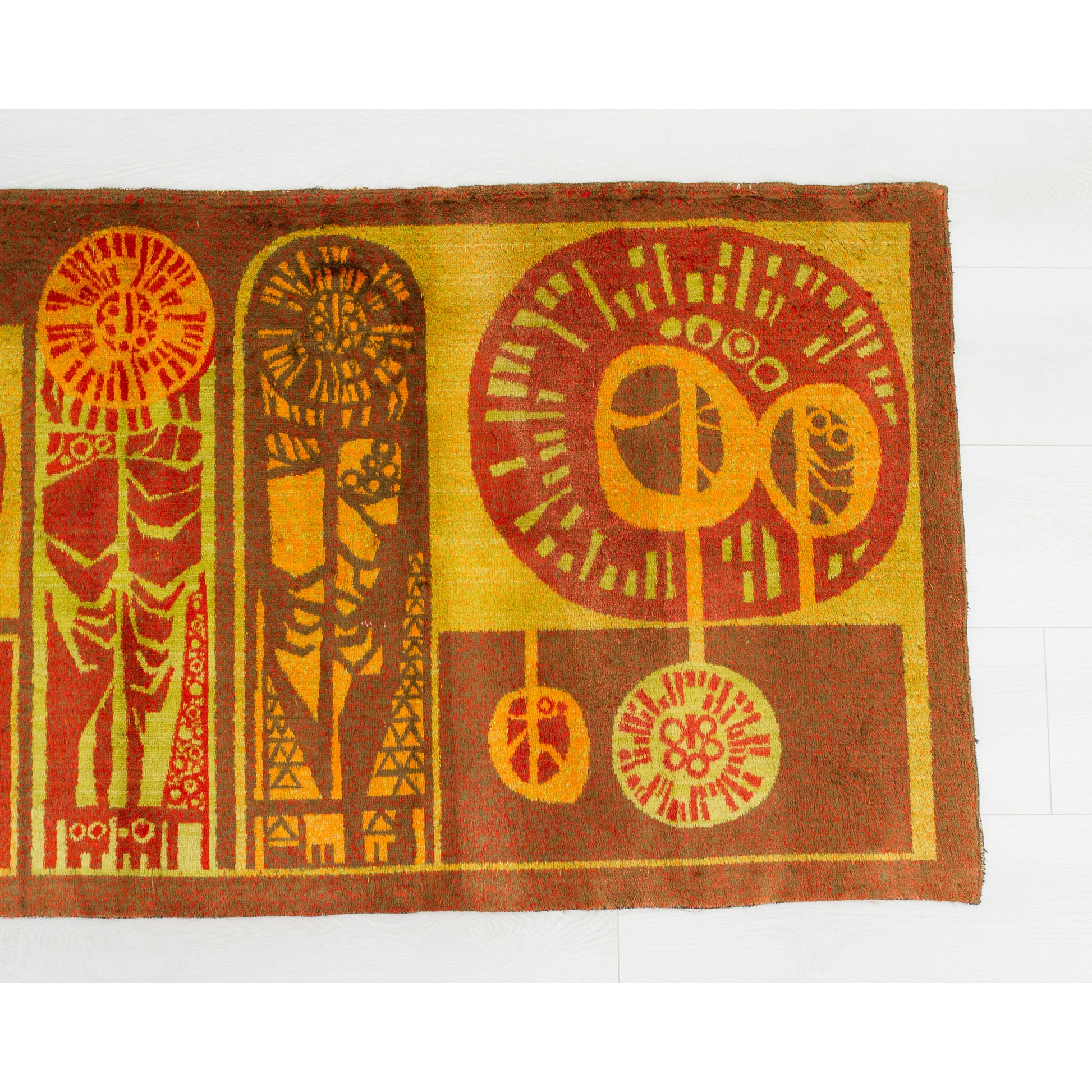 Right section of the 60s wall tapestry. Perfect condition velvet-like moquette fabric portraying natural mid-century modern landscapes and symbols.