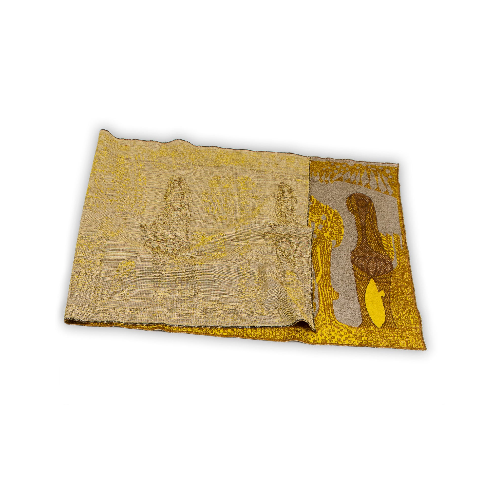 The tapestry neatly folded on a white floor to verify it is thoroughly cleaned and displays the rugged, high-quality canvas structural weaving on its underside.