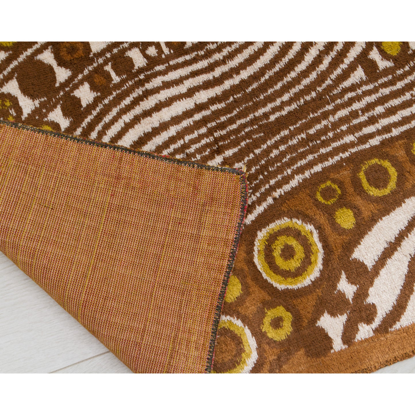 Tapestry corner folded over to reveal the tough, tightly woven structural backing that makes this high-quality mid-century moquette wall hanging highly durable and flexible.