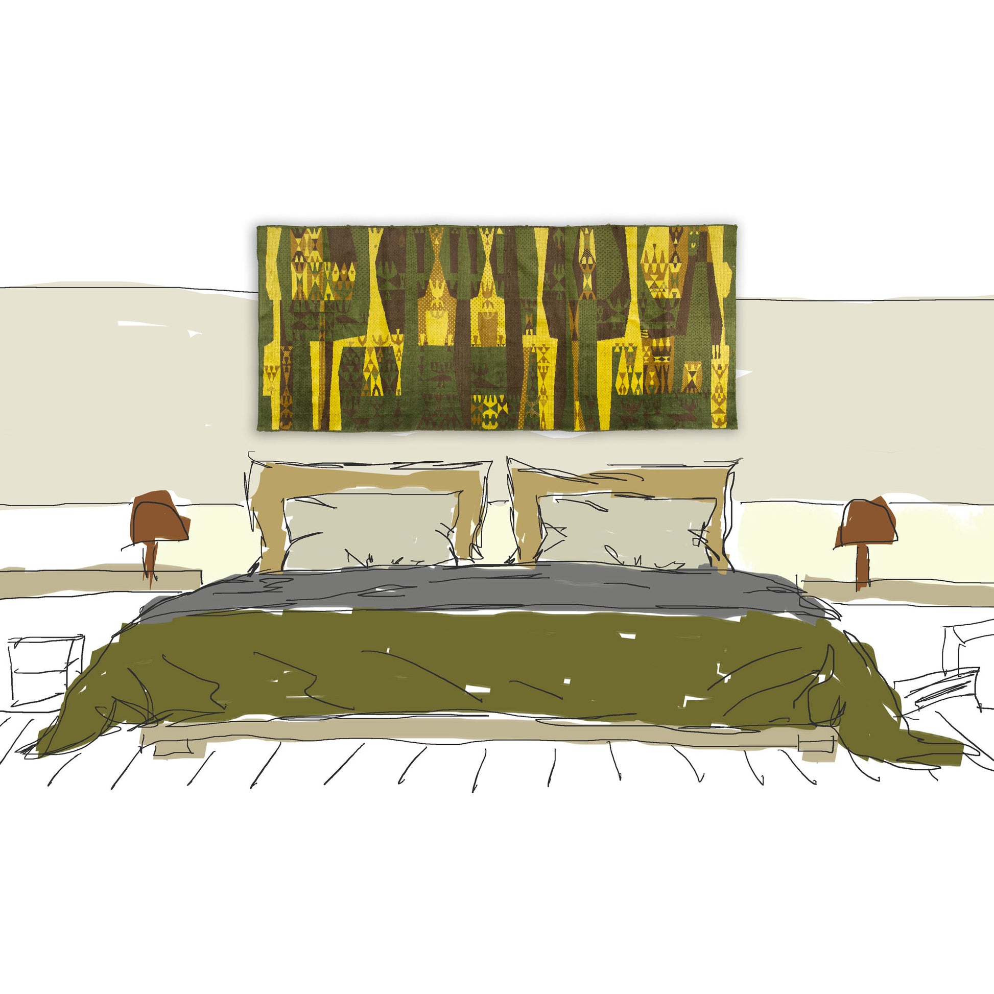 Styling idea for a queen size bed: using a long, horizontal bright yellow and green plush tapestry as a bold, comfortable headboard alternative.