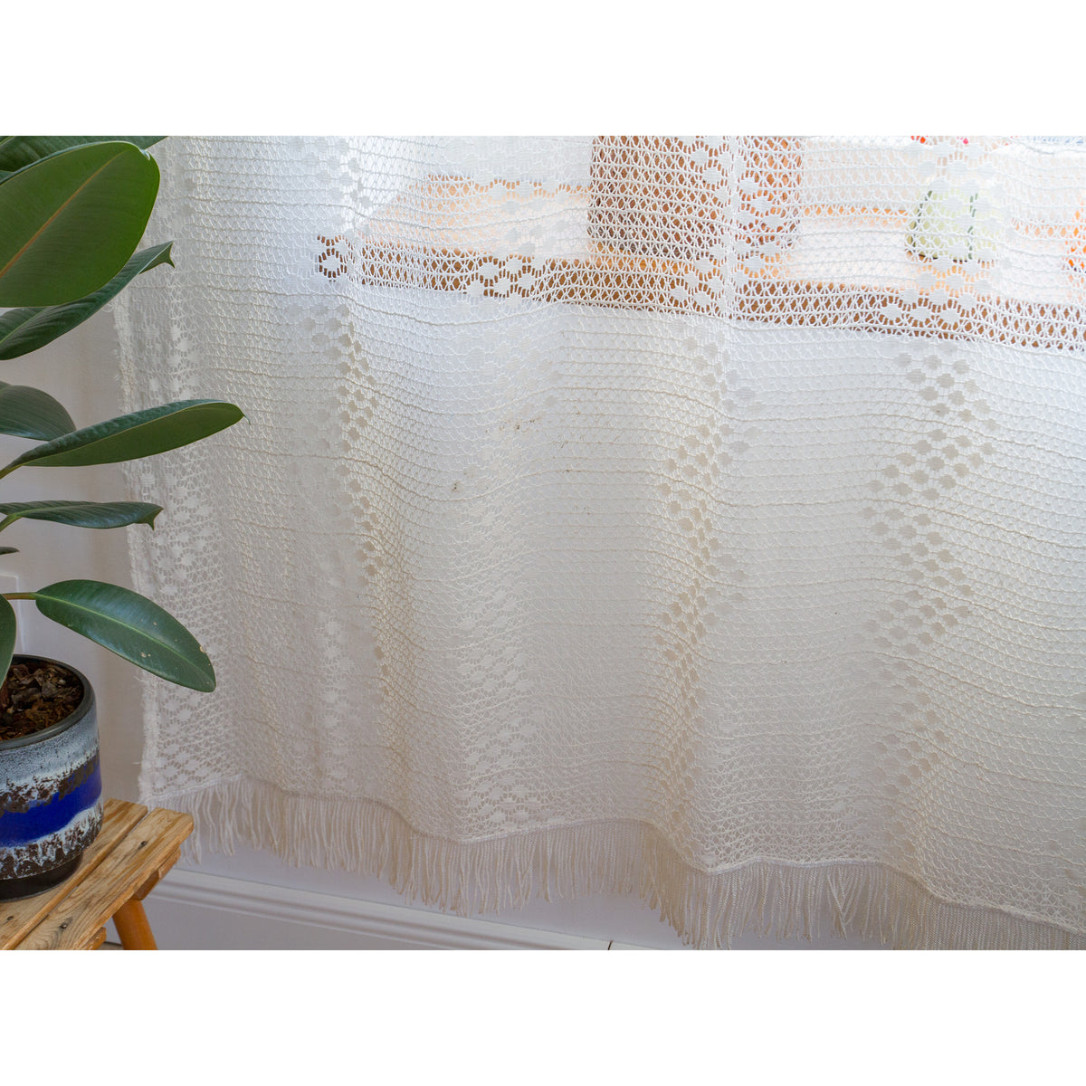 Cotton crochet lace panel with fringed hem hanging in front of a windowsill with plants