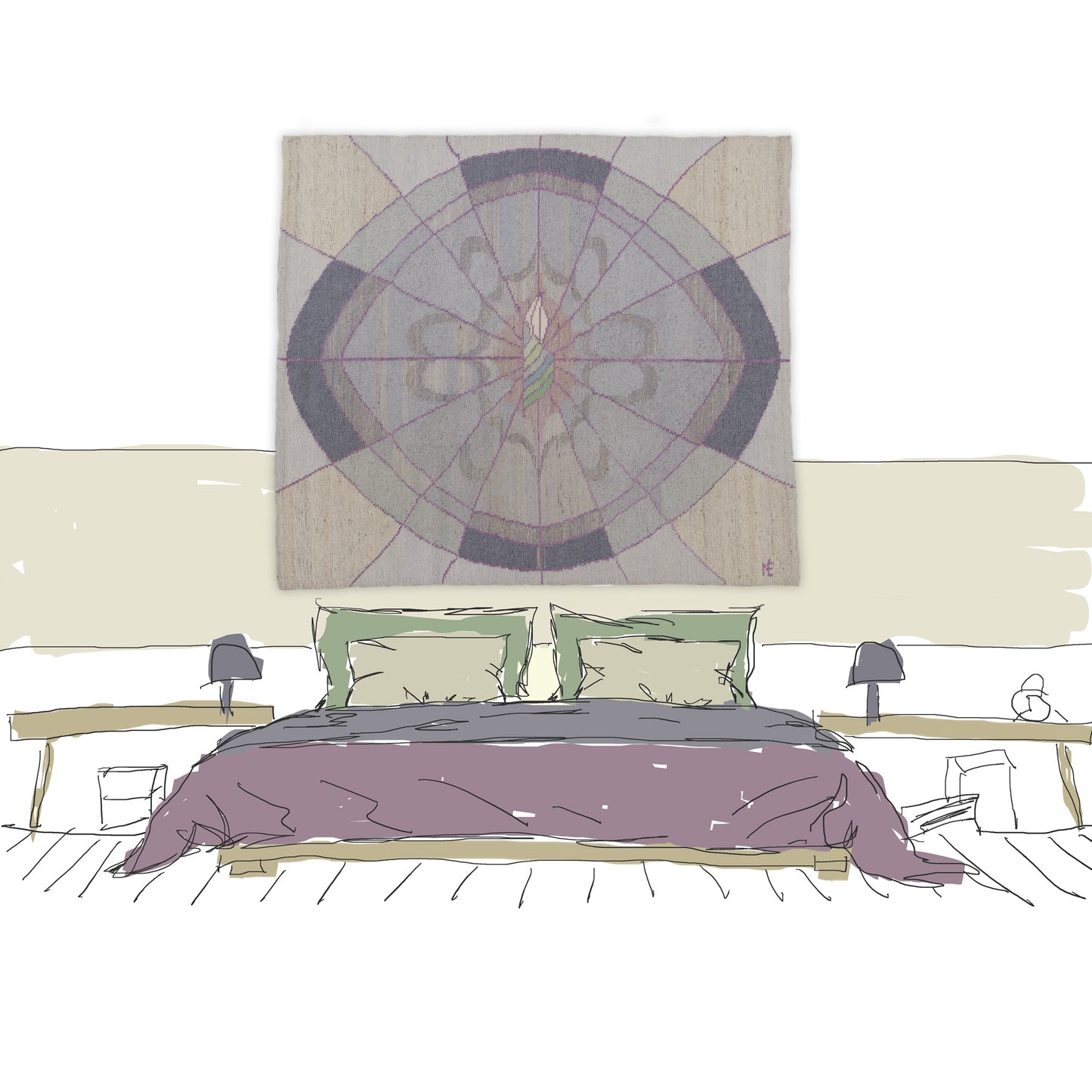 Styling sketch mockup showing the oversized Danish pastel vintage flatweave rug used as a spectacular, sound-dampening textile headboard above a bed. A perfect example of 80s soft postmodern bedroom decor.
