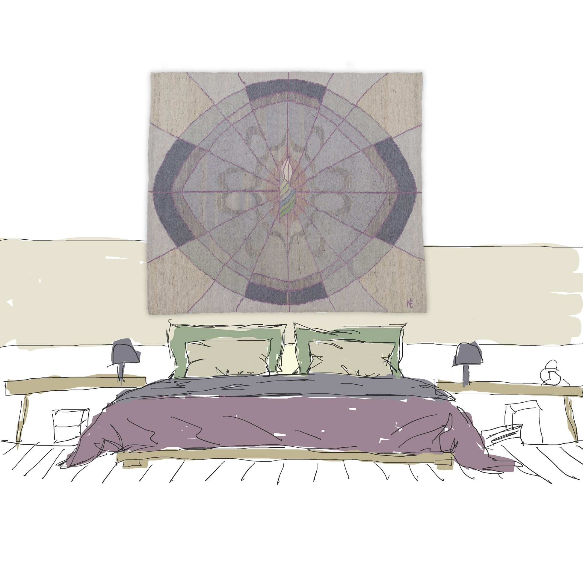 Styling sketch mockup showing the oversized Danish pastel vintage flatweave rug used as a spectacular, sound-dampening textile headboard above a bed. A perfect example of 80s soft postmodern bedroom decor.