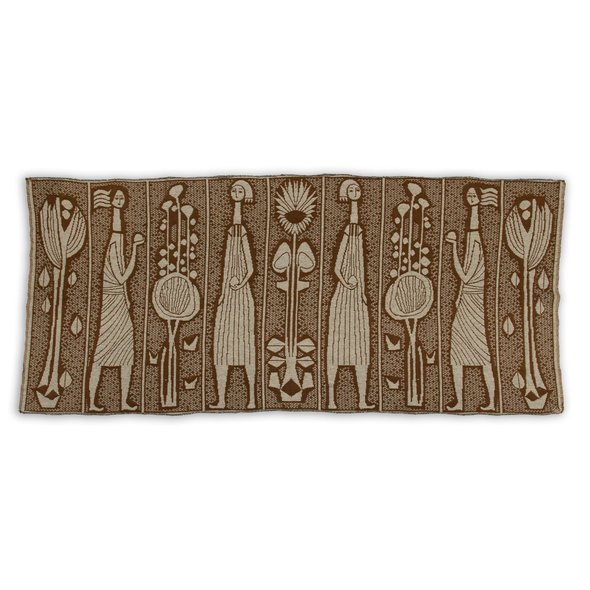 Full view of a 1960s Hungarian cotton tapestry. Abstract organic modern design with vertical female figures holding botanical motifs in neutral grey tones.
