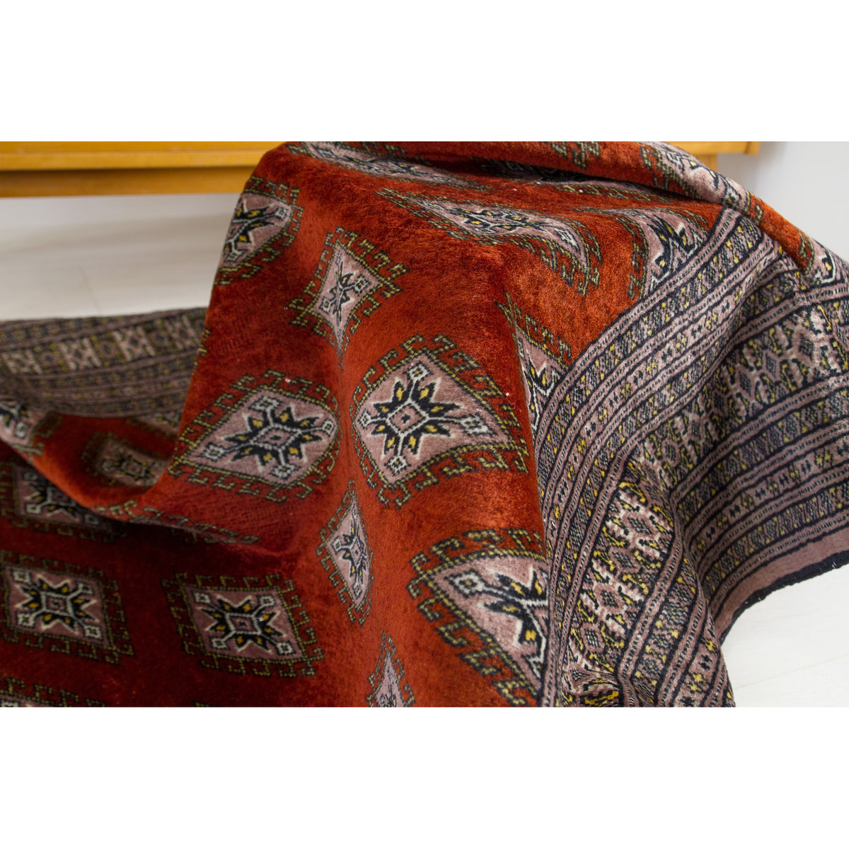 Draped silk Bokhara rug with shiny, silky pile and tribal geometric pattern