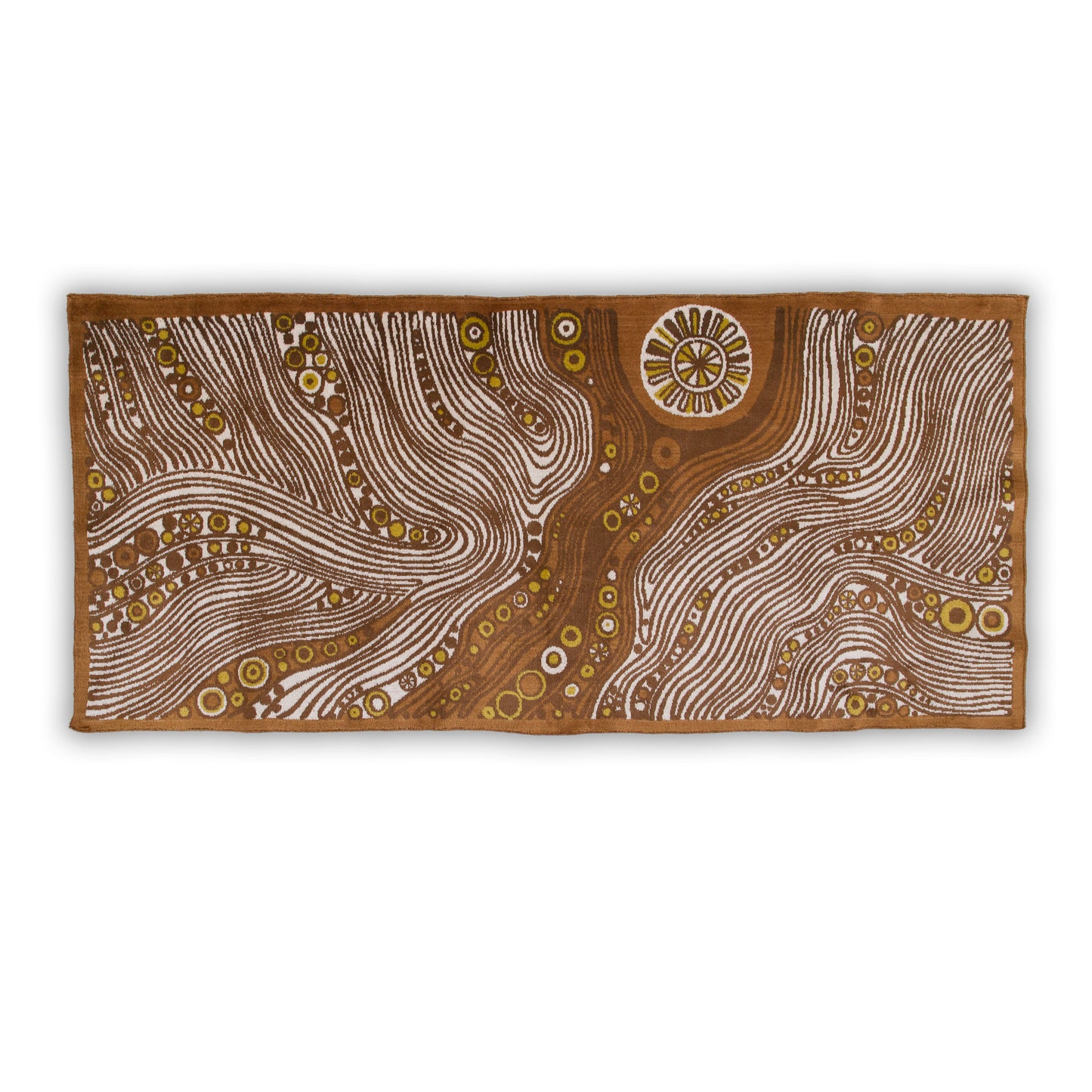 Full horizontal view of an authentic 1960s Hungarian Emese tapestry on a white wall. The retro op-art design mimics hypnotic woodgrain and abstract cellular suns in brown, mustard, and cream.