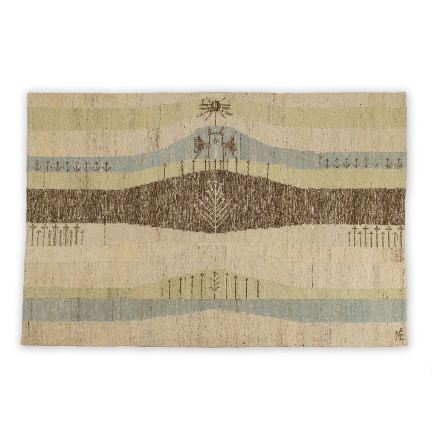 Full horizontal view of an extra-large Eva Nemeth vintage tapestry isolated on a white background. A modern organic scandinavian rug from 1970s with soft pastel blue, green, and beige landscape motifs.