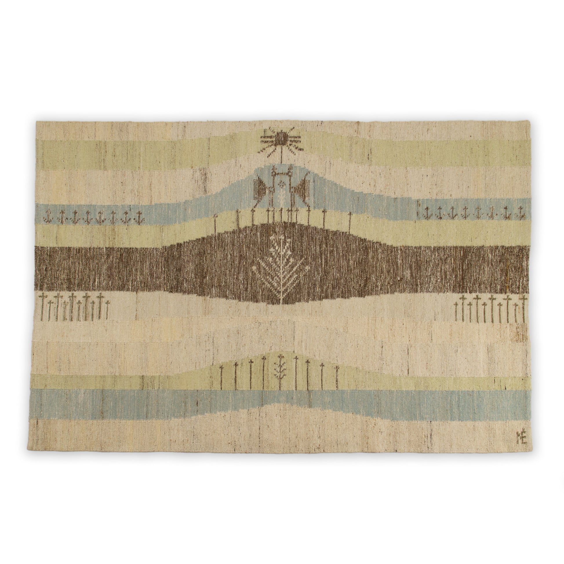 Full horizontal view of an extra-large Eva Nemeth vintage tapestry isolated on a white background. A modern organic scandinavian rug from 1970s with soft pastel blue, green, and beige landscape motifs.