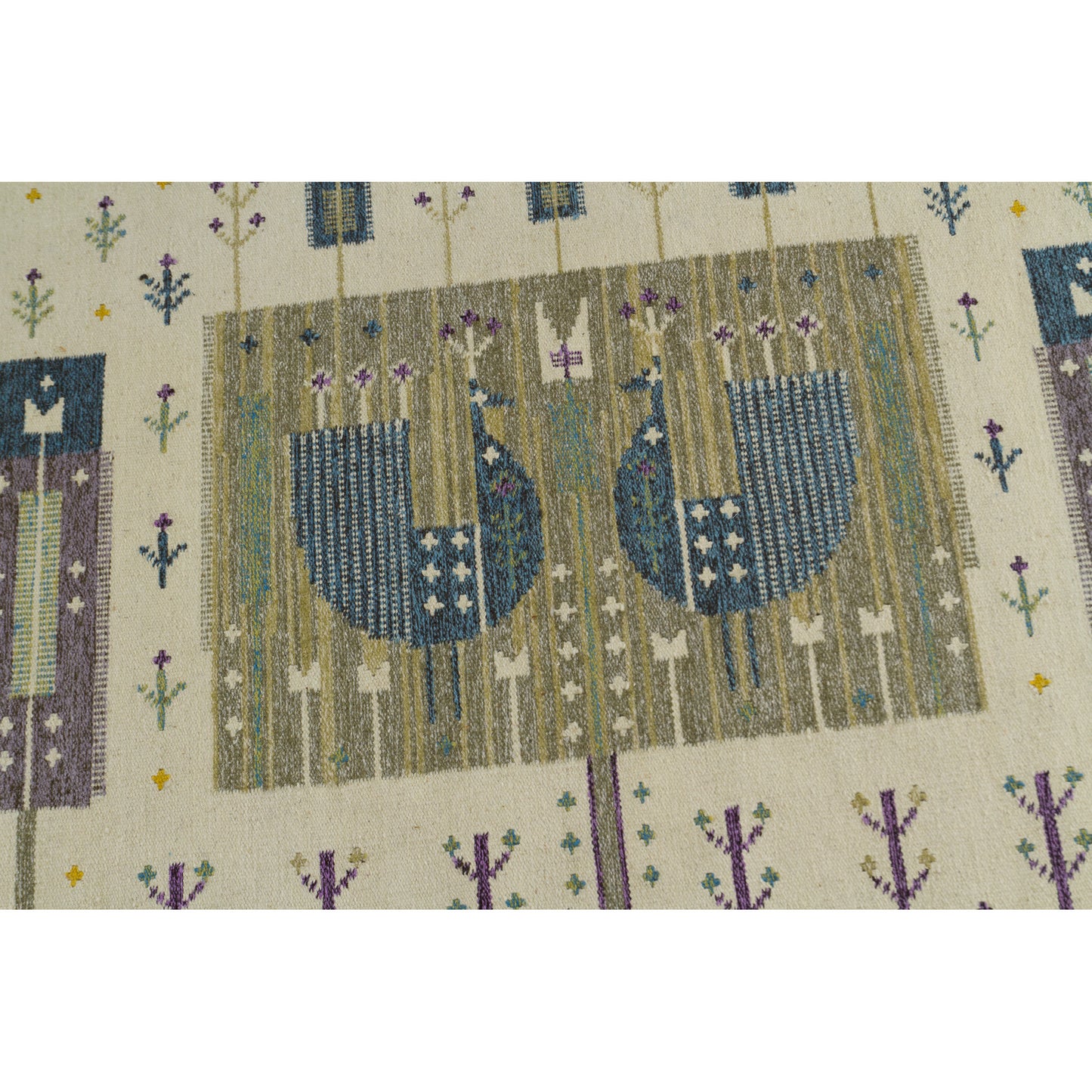 Close-up on the famous Blue Bird and Peacock pair motif, the absolute hallmark of vintage textile designer Eva Nemeth.