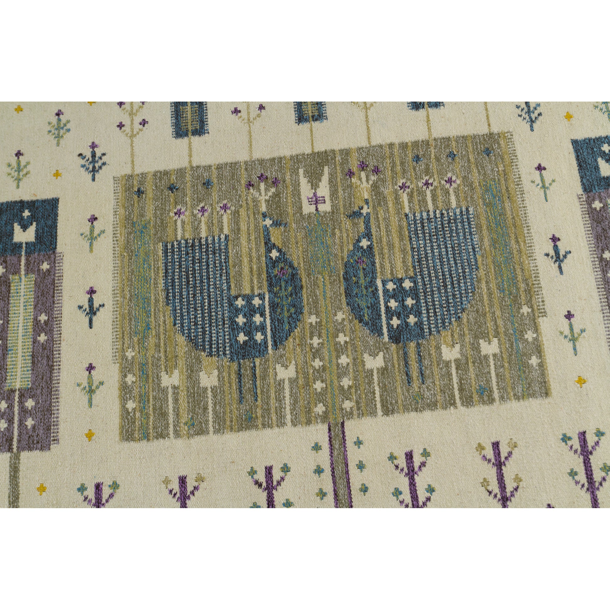 Close-up on the famous Blue Bird and Peacock pair motif, the absolute hallmark of vintage textile designer Eva Nemeth.