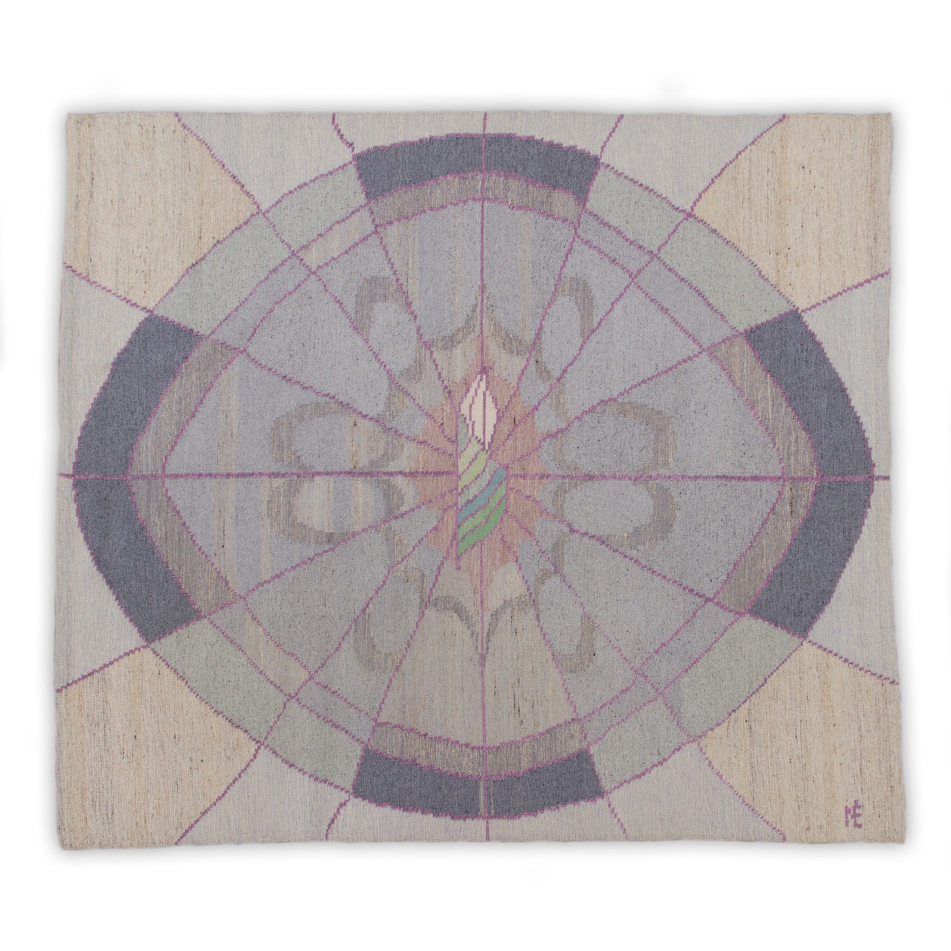 Full clear horizontal framing showing the complete woven pattern: radiating abstract flowers surrounded by segmented color-blocked corners in pastel tones.