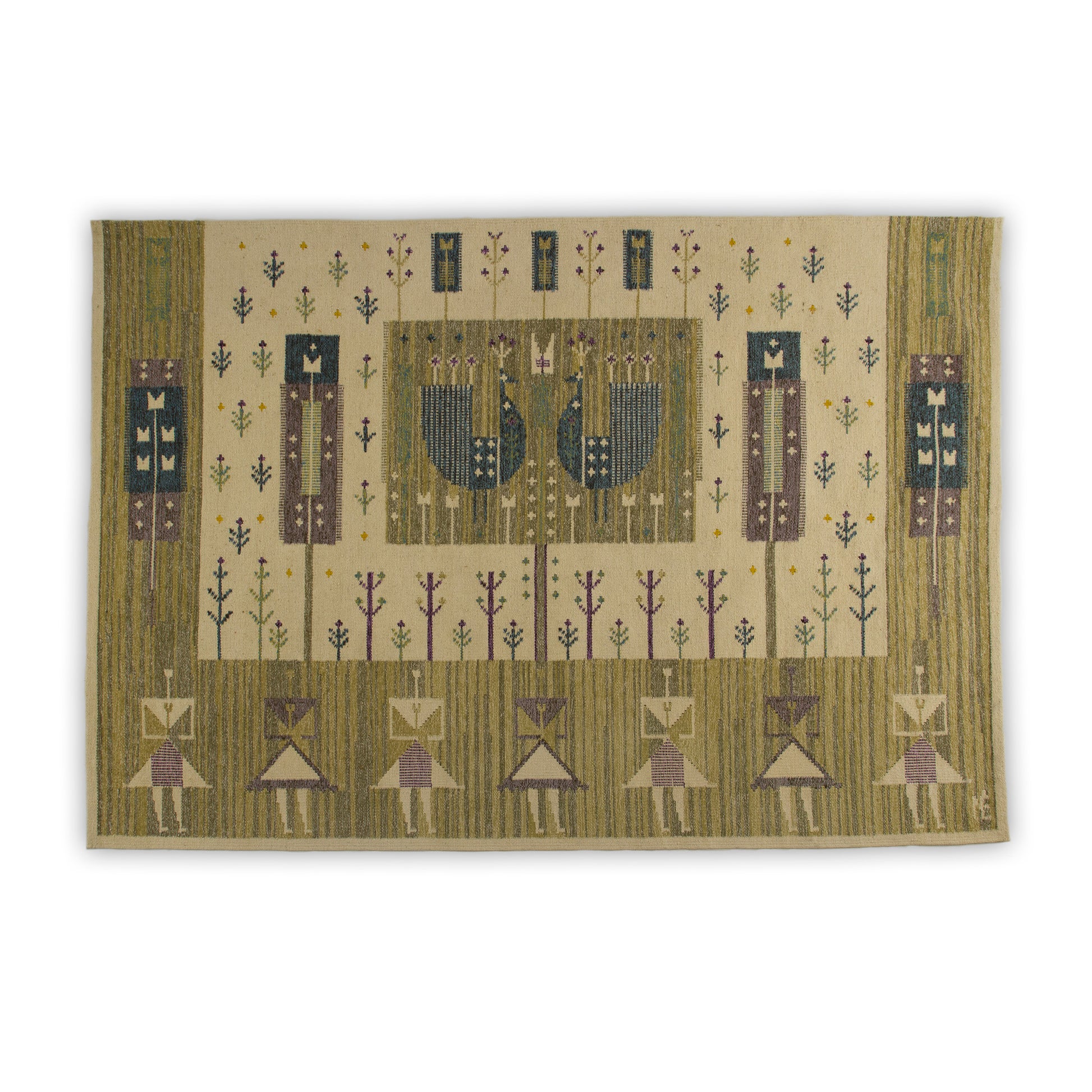 Extra large vintage handwoven wool tapestry designed by Eva Nemeth isolated on a white background, showing mid-century geometric folk art.