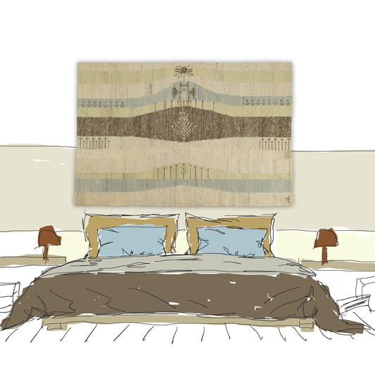 Visual mockup demonstrating how this extra large 1970s vintage tapestry functions beautifully as a dramatic, noise-softening textile headboard in a master bedroom.