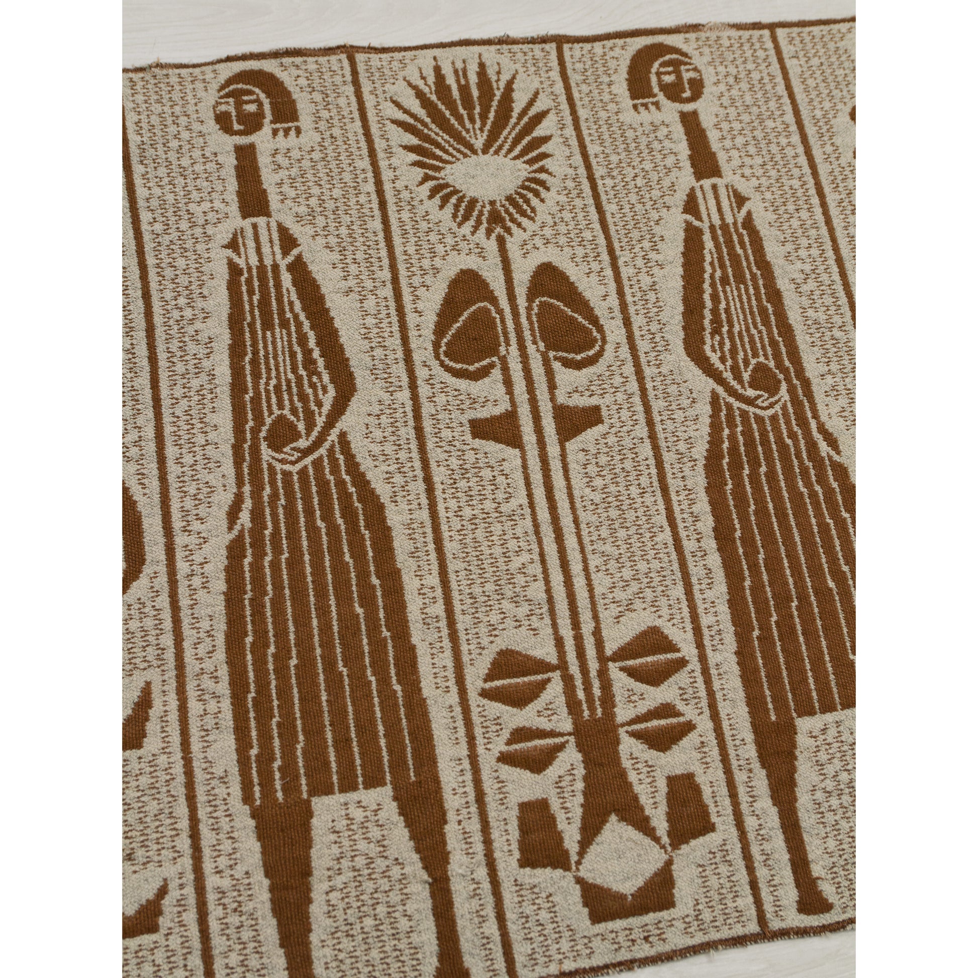 Detail close-up of central female figures on the tapestry. An organic blend of abstract mid-century modern design and soft brutalist themes.