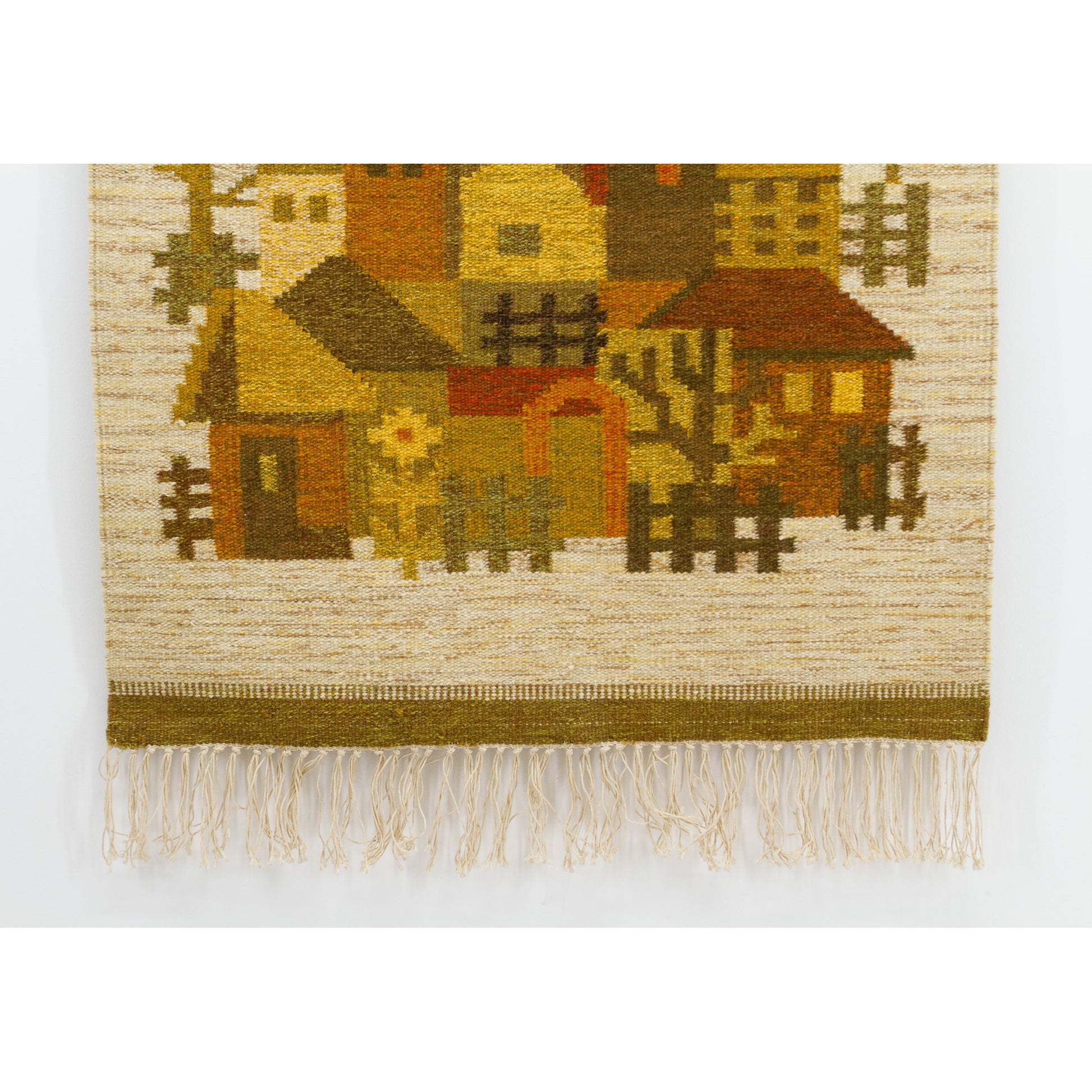 Clear shot of the lower half displaying detailed little square fences and trees merging gracefully with the neat cream-colored woven hemline and fringes.