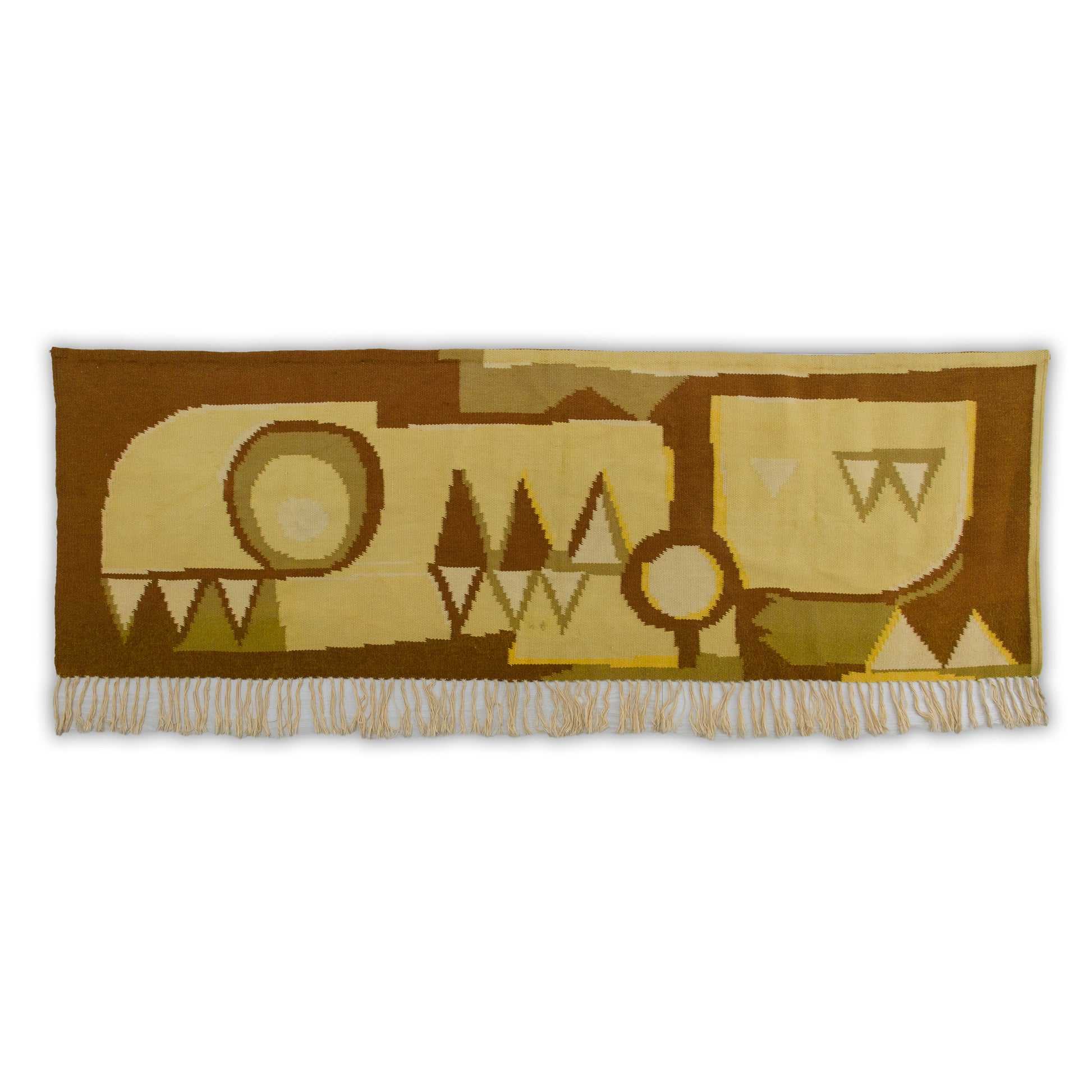 Full horizontal 1970s vintage flatweave tapestry featuring earthy mustard, cream, and brown abstract geometric shapes isolated on a white background.