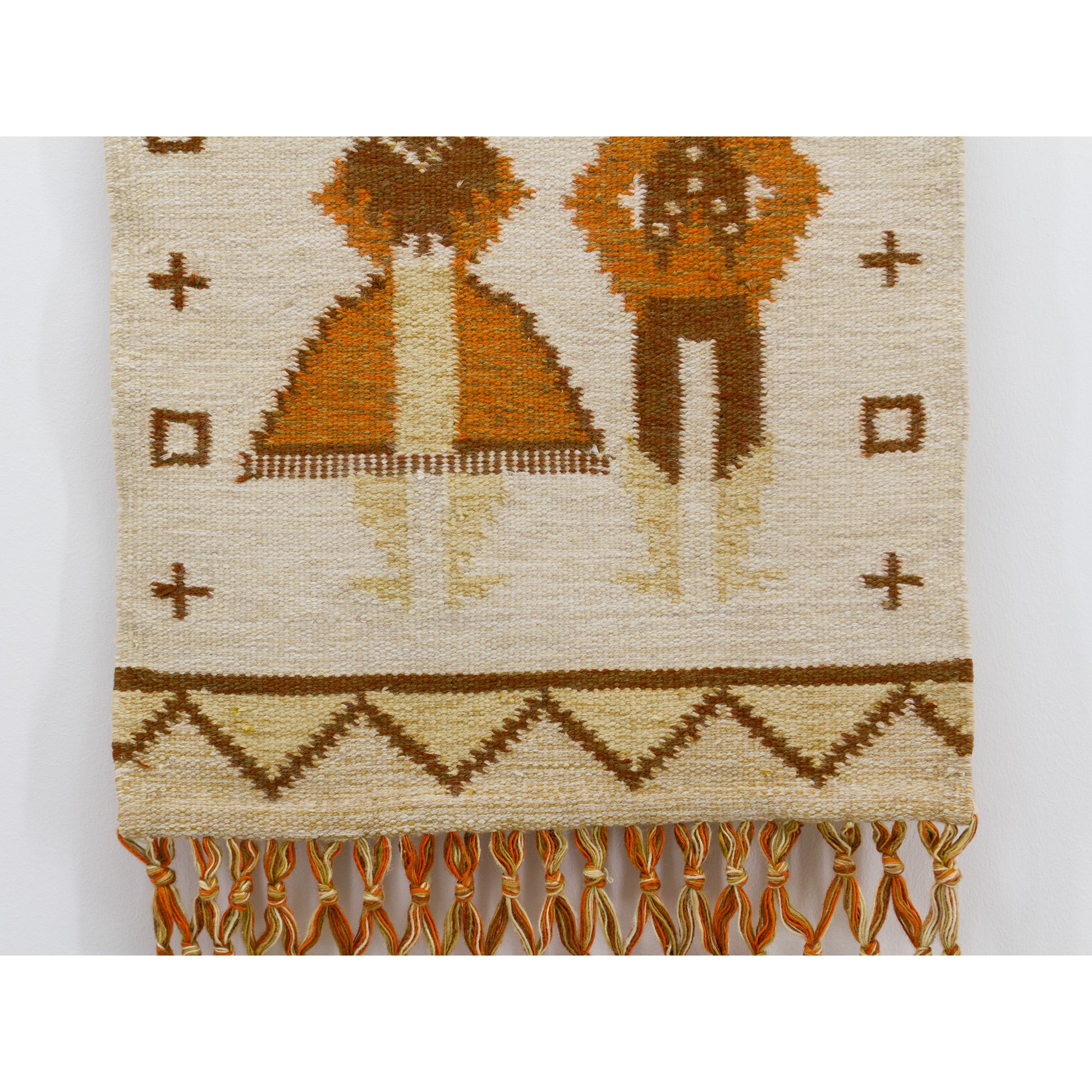 Detailed view of the lower half of the 1970s cottage folk art textile, demonstrating its immaculately clean, damage-free woven condition.