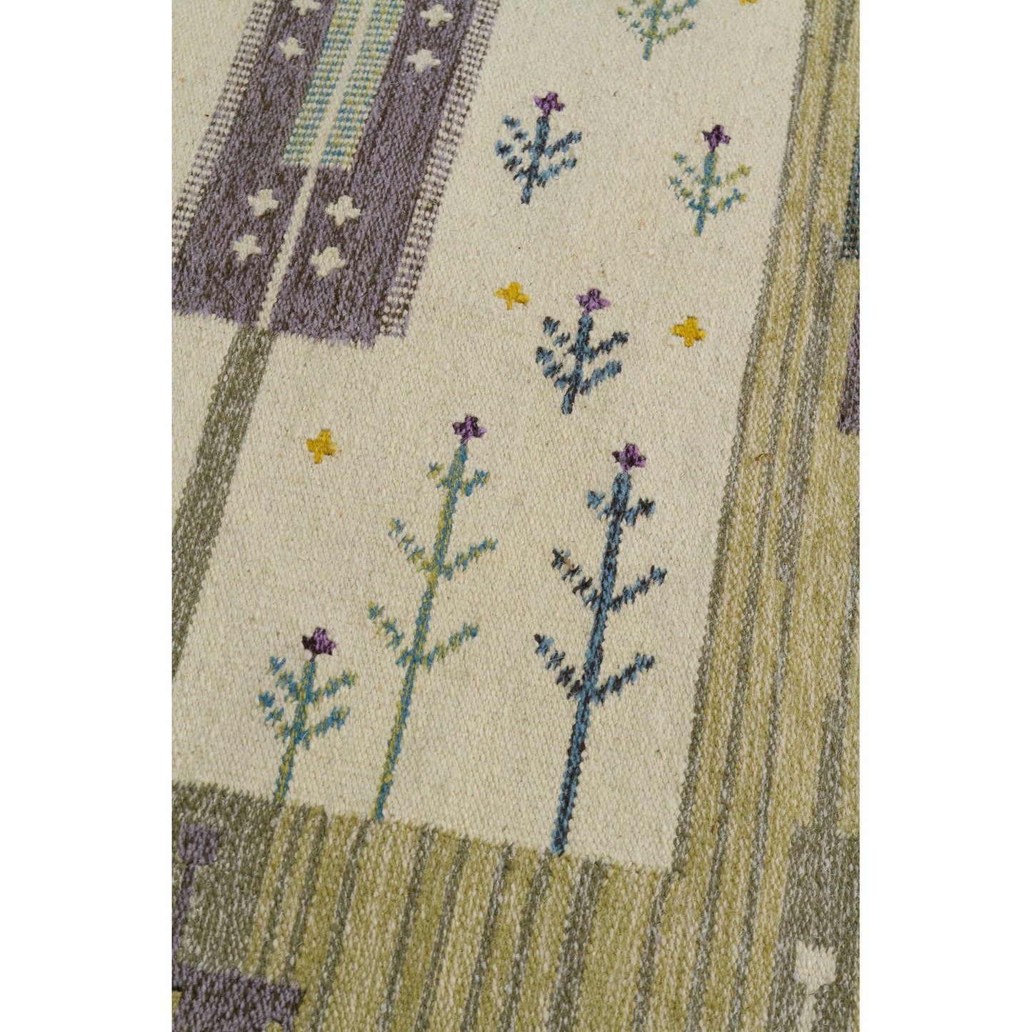 Close up photography showing the high-quality cottage industry handweaving of a vintage wool rug over a strong cotton warp.