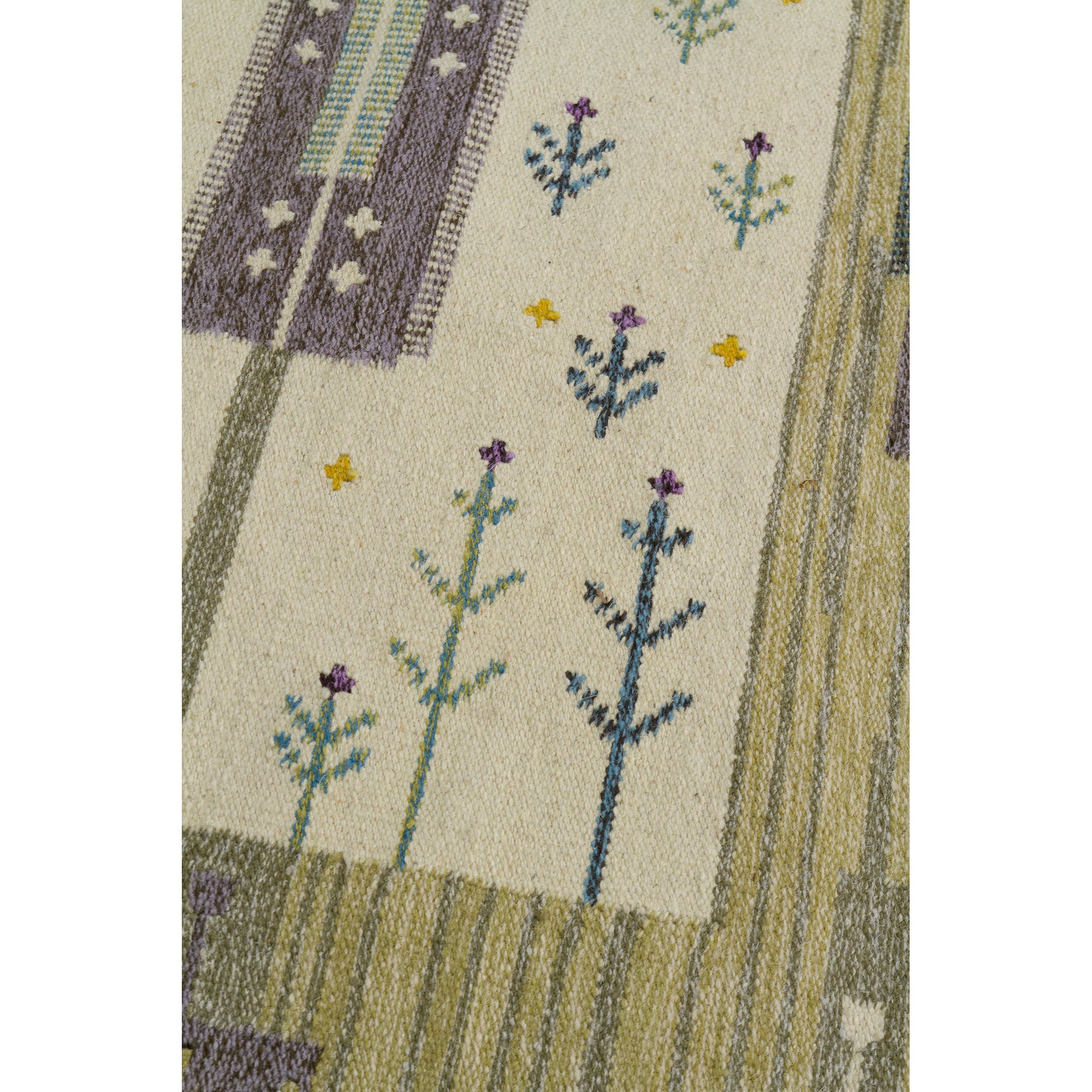 Close up photography showing the high-quality cottage industry handweaving of a vintage wool rug over a strong cotton warp.