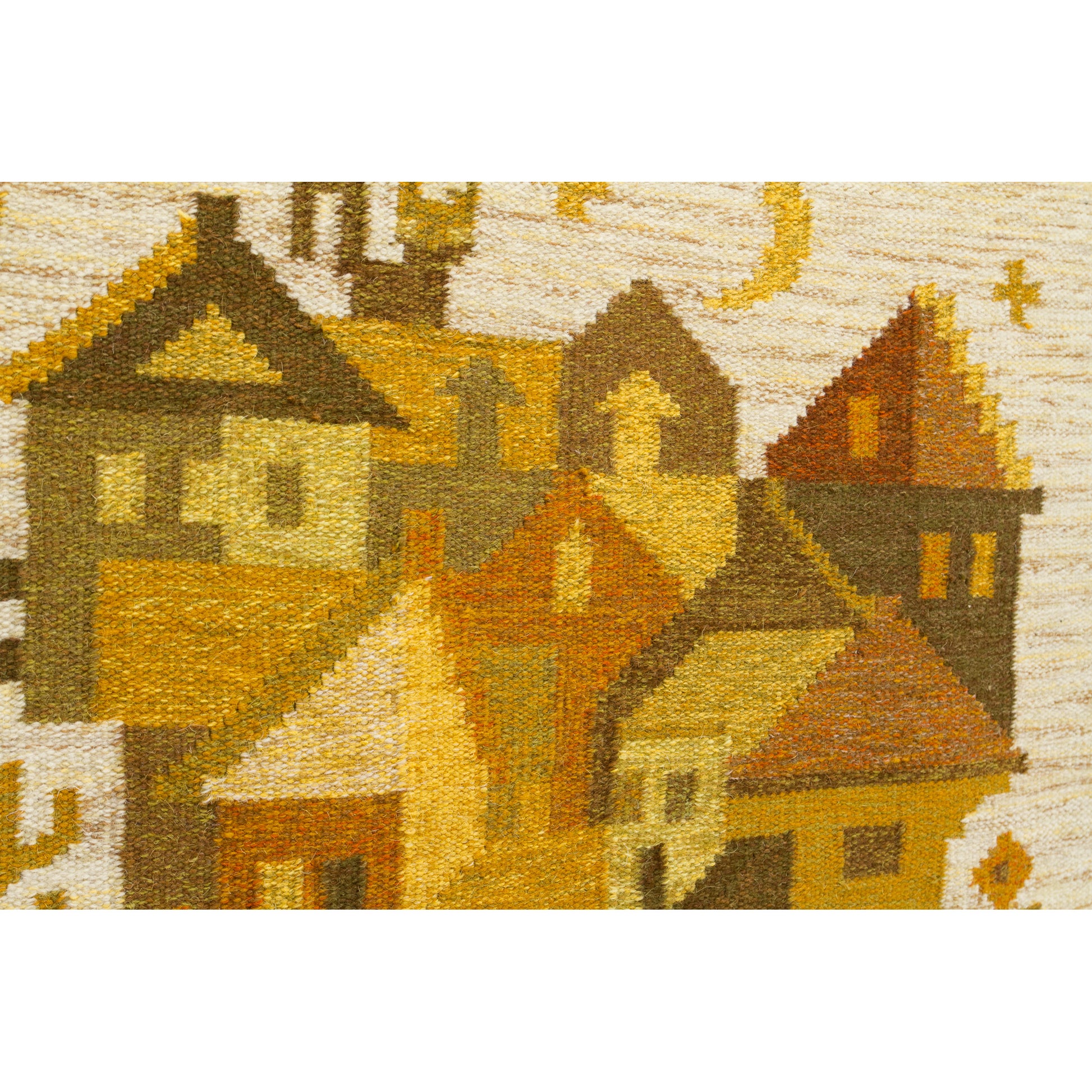 Close up, slightly angled photography isolating the mid-century geometric layering of cozy rustic houses painted in warming yellow, amber, and deep brown textiles