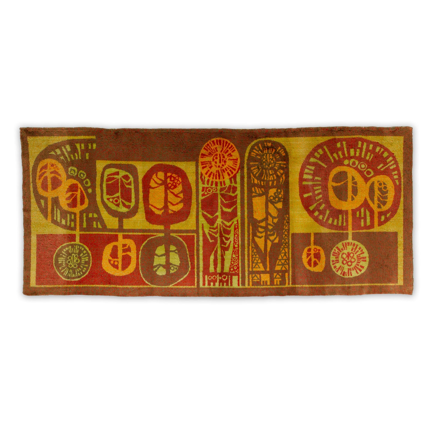 A horizontal 69.5-inch mid century abstract tapestry isolated on white. Organic warm retro design featuring abstract tree and root patterns by designer Péter Kovács.