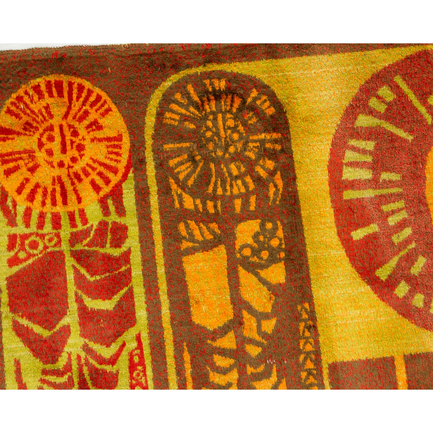 Center close-up showing fascinating stylized humanoid figures integrated organically with abstract tree forms. True 1960s space-age aesthetic and folklore abstraction.