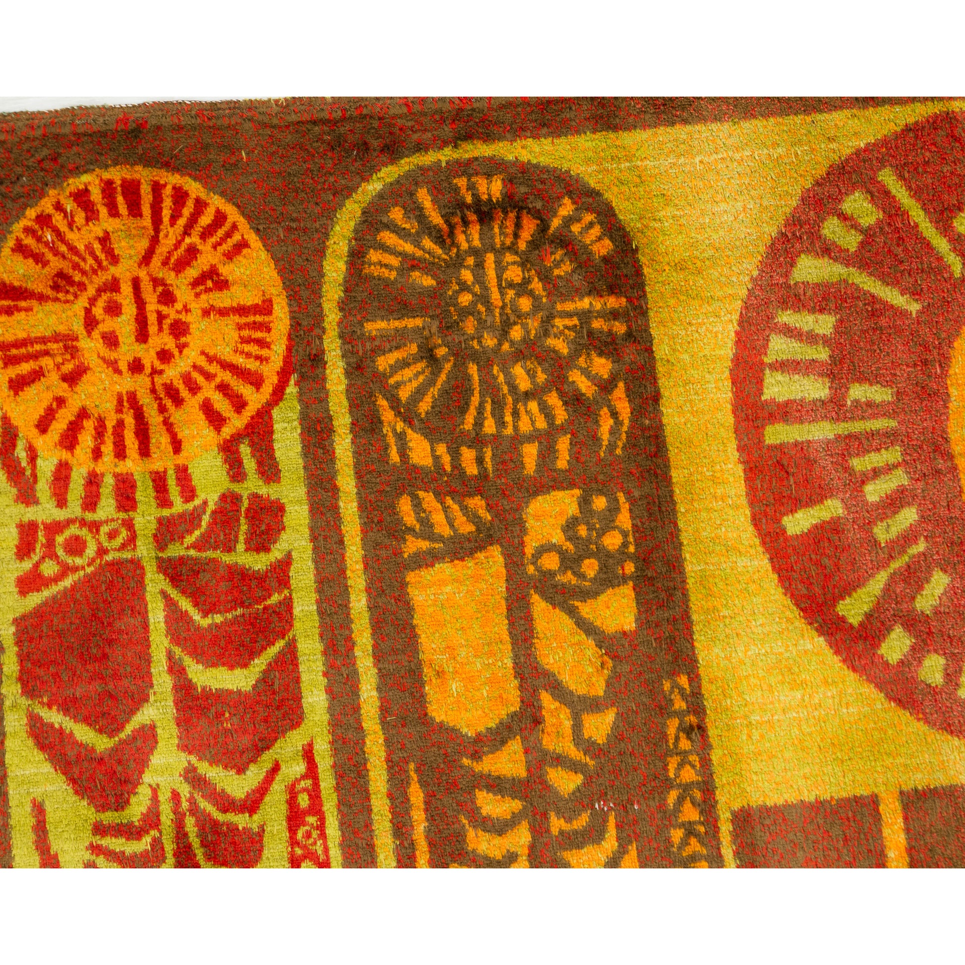 Center close-up showing fascinating stylized humanoid figures integrated organically with abstract tree forms. True 1960s space-age aesthetic and folklore abstraction.