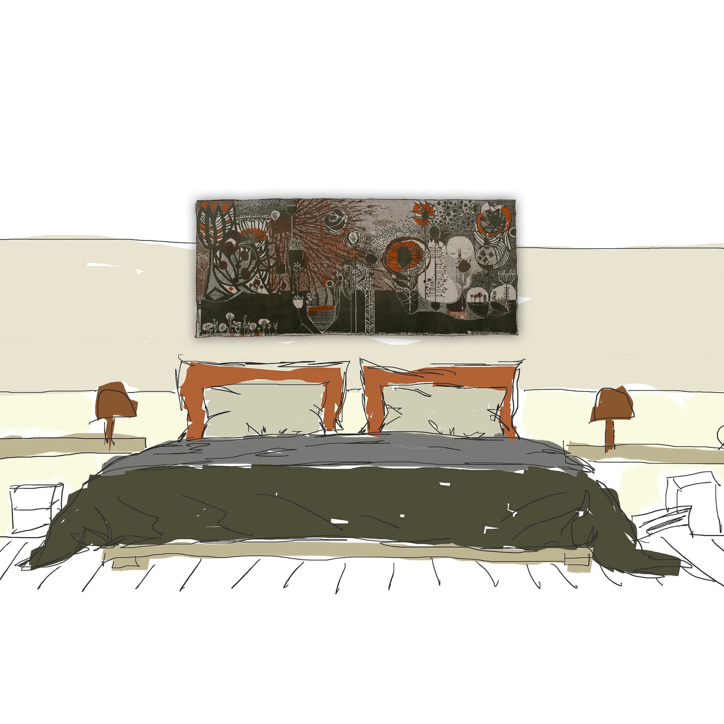 Visual styling mockup demonstrating the large 68-inch mid century tapestry used as a spectacular, sound-dampening textile headboard in a modern moody bedroom setup.