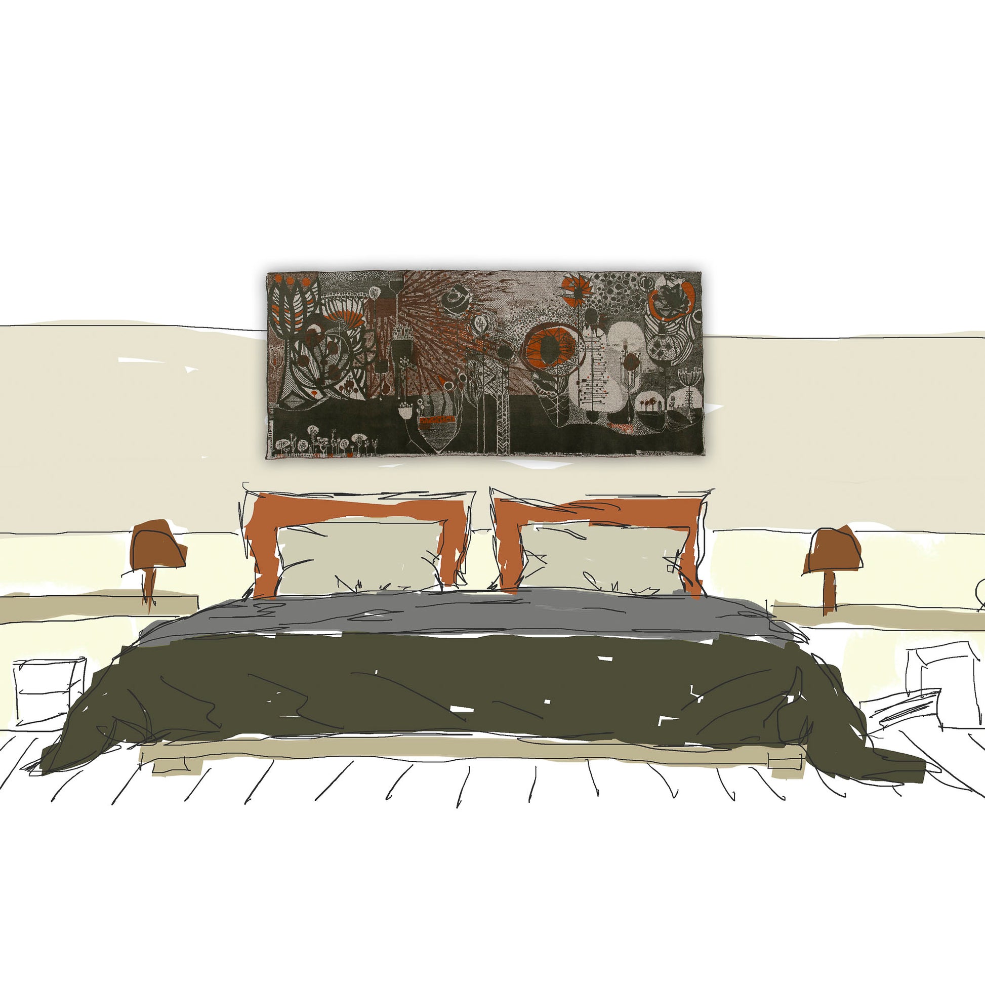 Visual styling mockup demonstrating the large 68-inch mid century tapestry used as a spectacular, sound-dampening textile headboard in a modern moody bedroom setup.