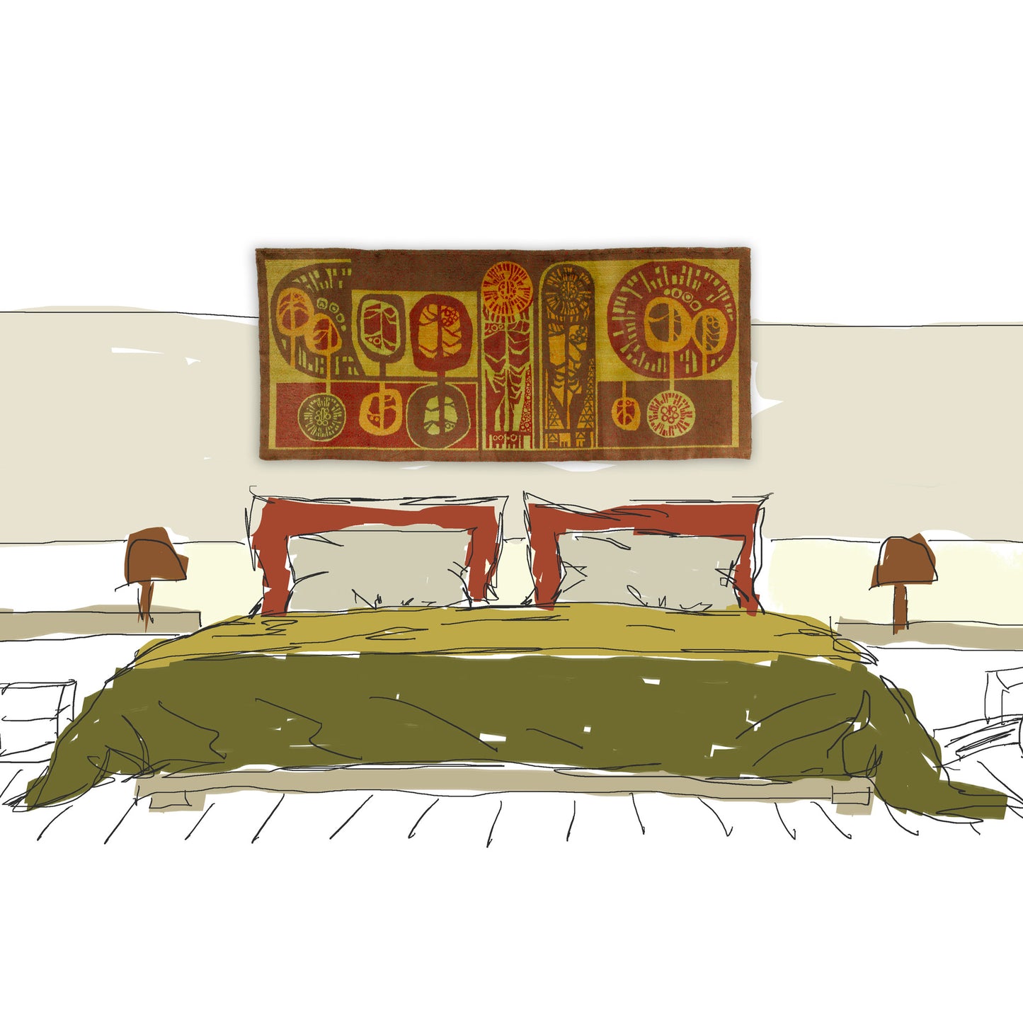 A stylistic bedroom mockup showing this extra-large vintage mid-century modern tapestry mounted over a double bed as a beautiful, sound-dampening fabric headboard, giving the bedroom an authentic modernist touch.