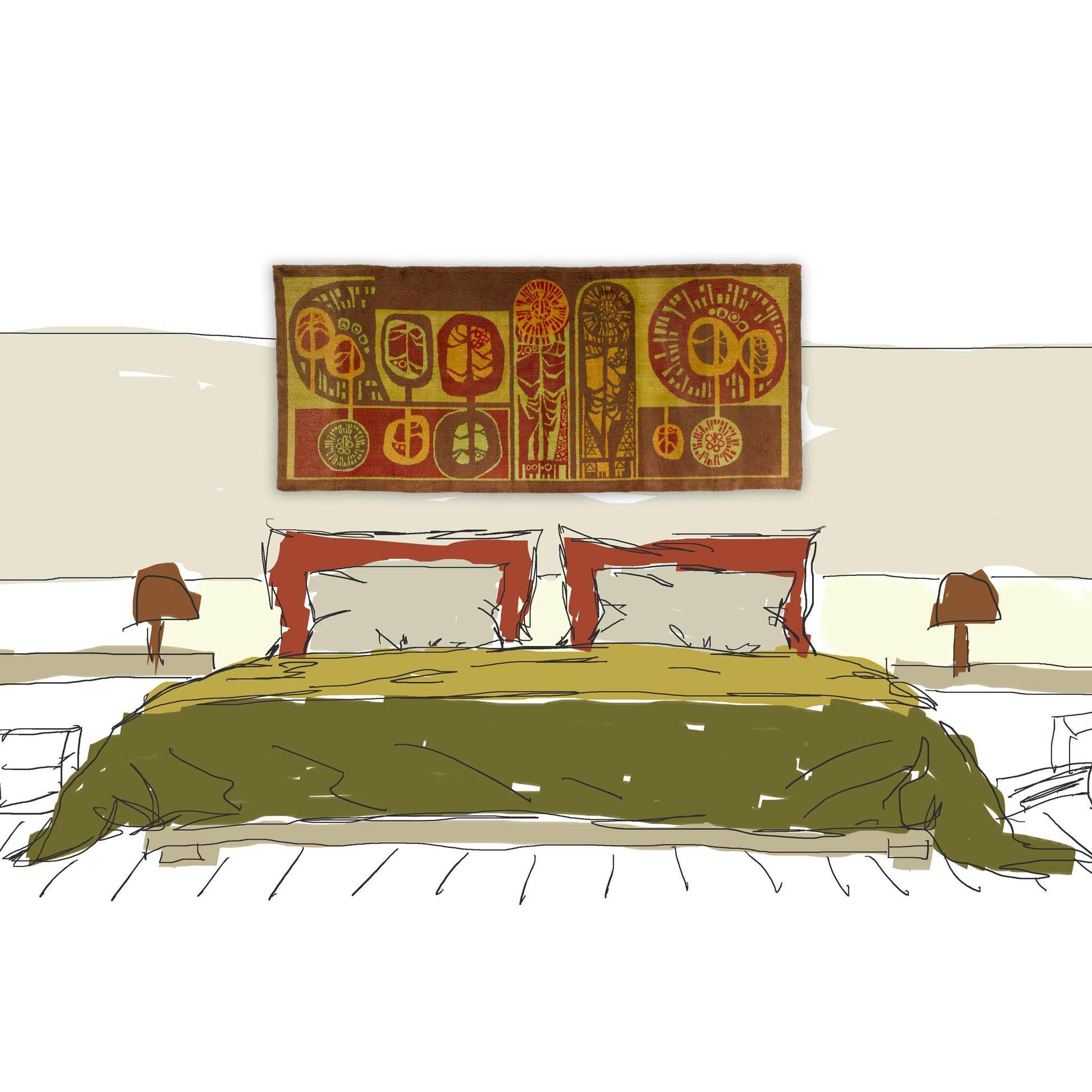 A stylistic bedroom mockup showing this extra-large vintage mid-century modern tapestry mounted over a double bed as a beautiful, sound-dampening fabric headboard, giving the bedroom an authentic modernist touch.