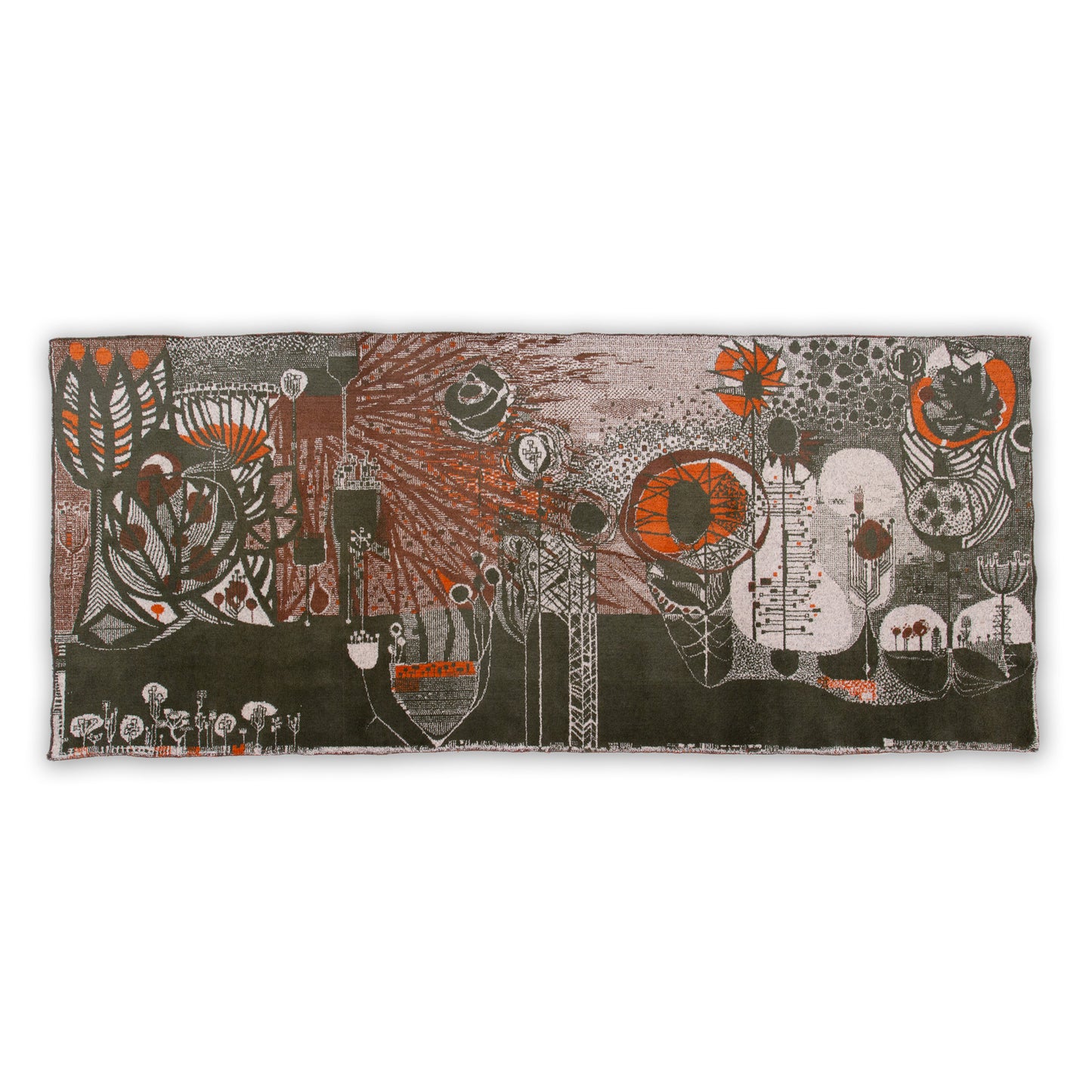 Full horizontal view of an authentic 1960s mid century modern tapestry. A fascinating abstract, organic-brutalist design by award-winning Hungarian designer László Pécsi on a dark olive and grey background.