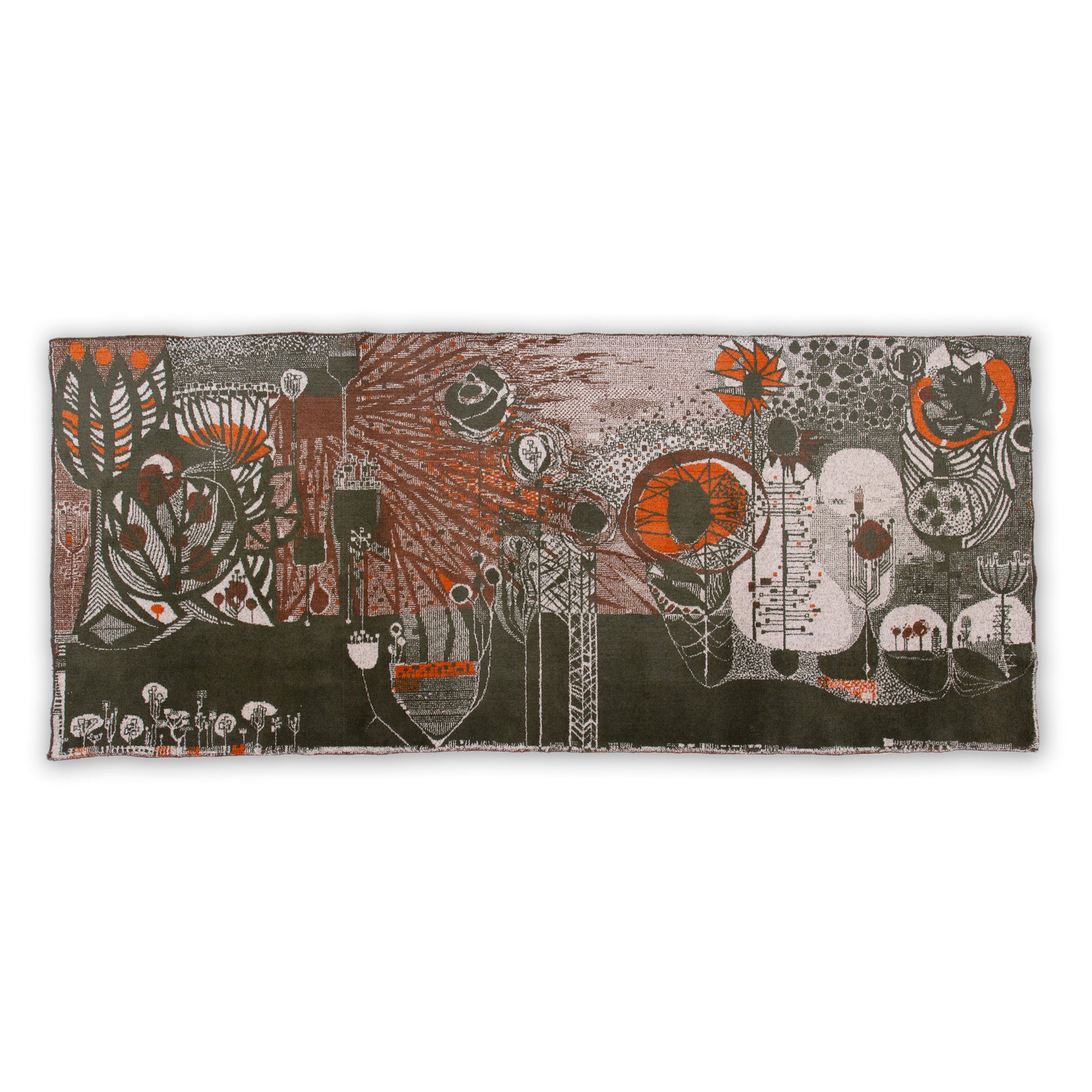 Full horizontal view of an authentic 1960s mid century modern tapestry. A fascinating abstract, organic-brutalist design by award-winning Hungarian designer László Pécsi on a dark olive and grey background.